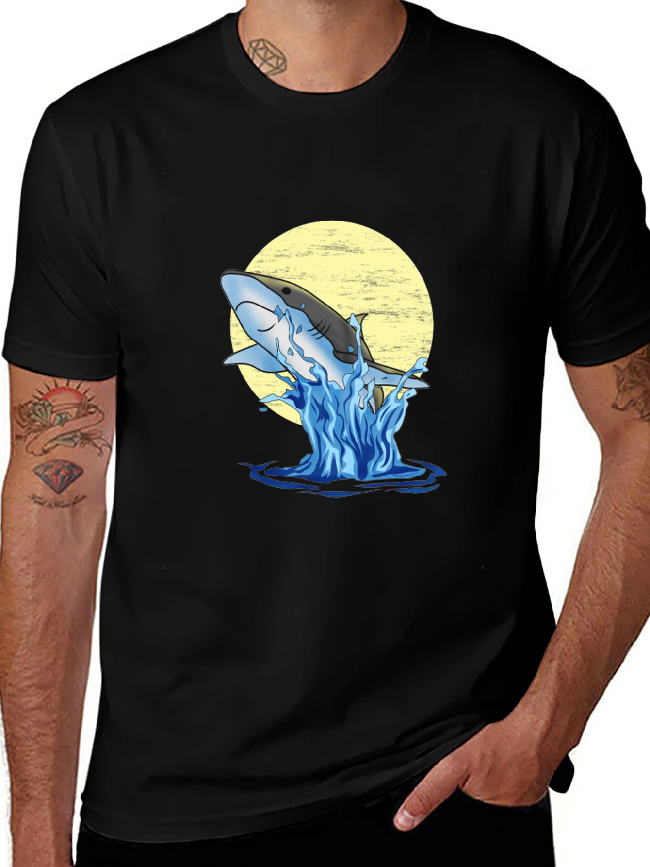 Variant 9 of Shark Splash Tee - Black Cotton Graphic T-Shirt