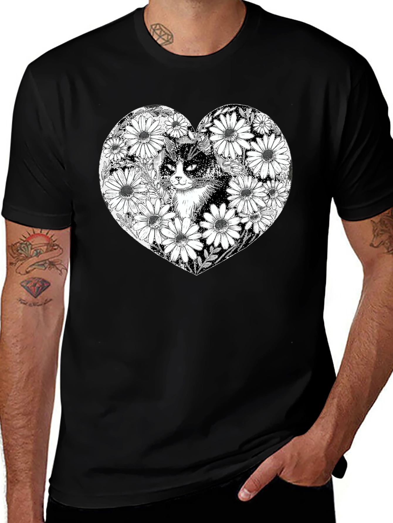 Variant 28 of Cat and Daisies Heart T-Shirt