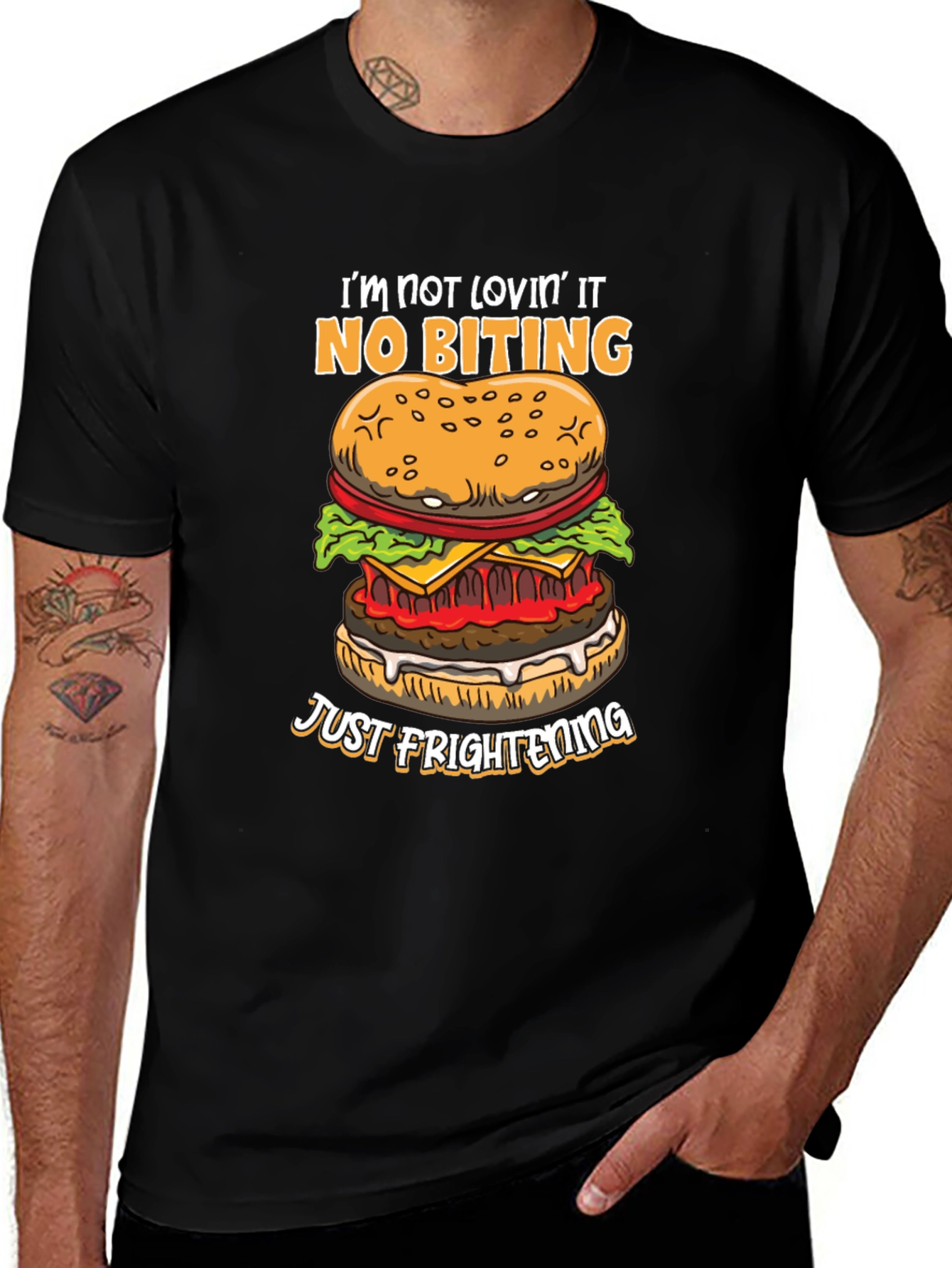 Variant 2 of Funny Burger Graphic T-Shirt - No Biting, Just Frightening!