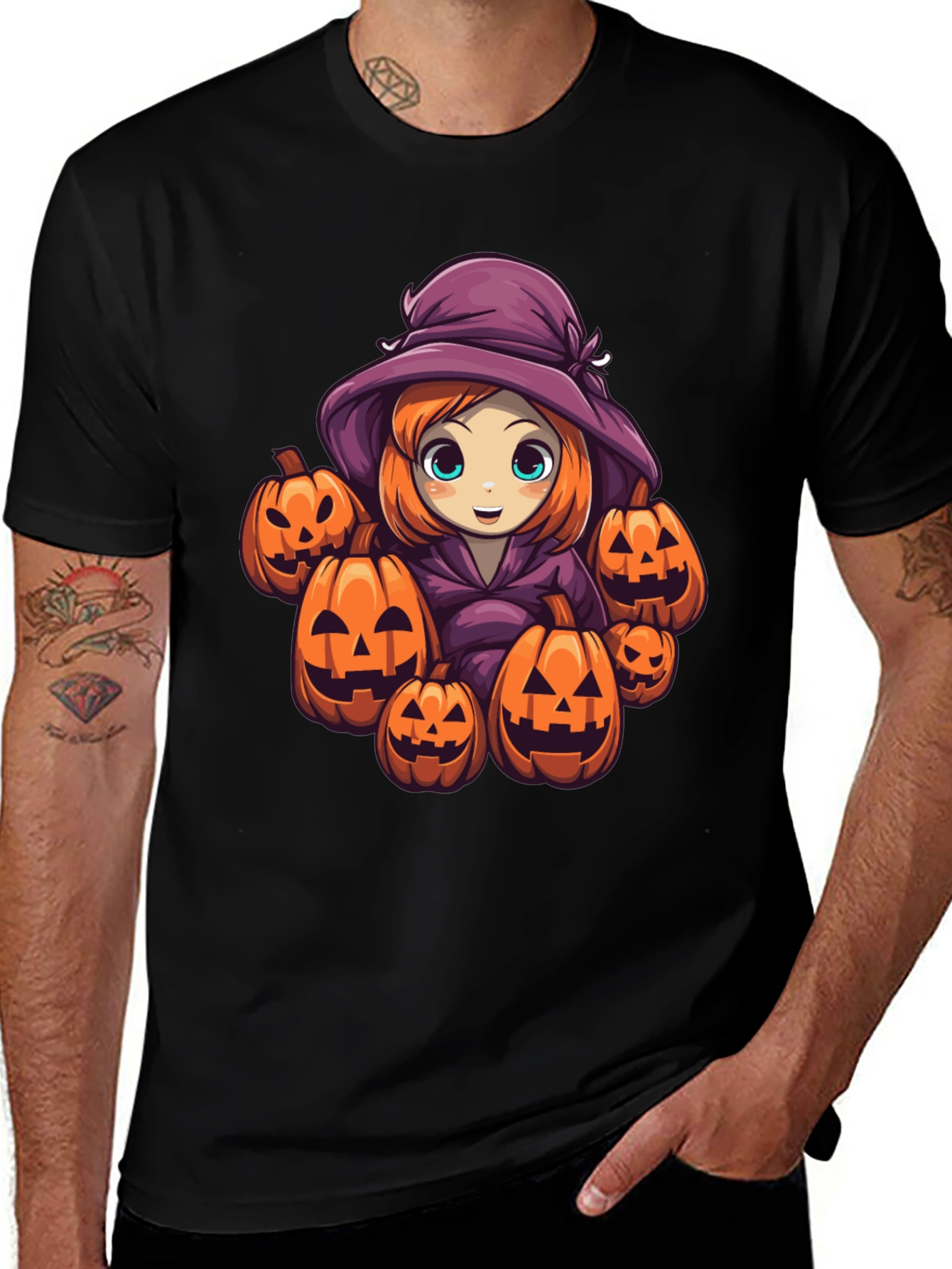 Variant 30 of Halloween Witch & Pumpkins Black T-Shirt