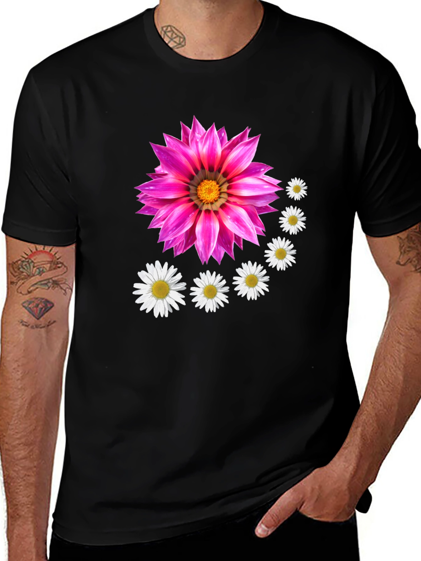 Floral Cascade Tee - Black T-Shirt with Flower Design