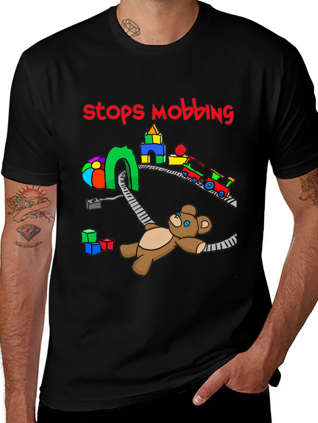 Stops Mobbing T-Shirt - Train and Teddy Bear Design