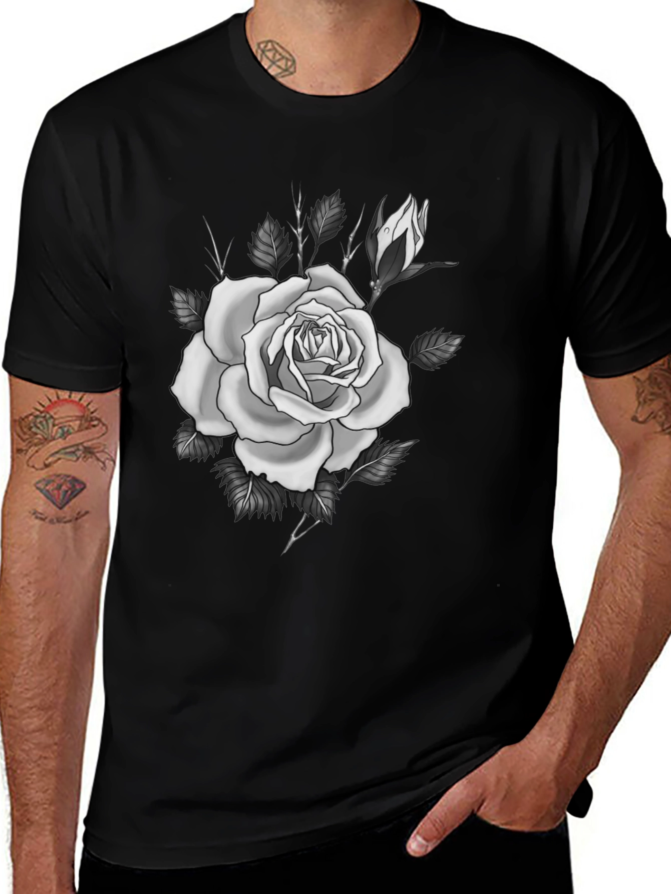 Variant 18 of Black T-Shirt with White Rose Design