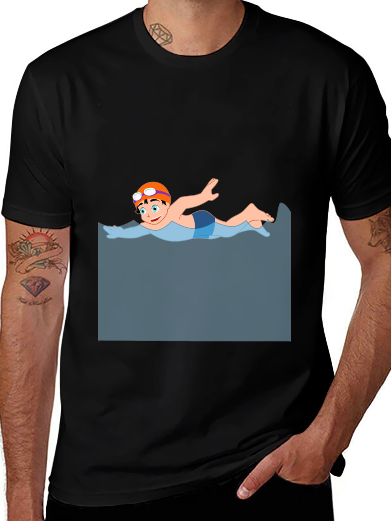 Variant 3 of Cartoon Swimmer Graphic Tee - Black Casual Shirt