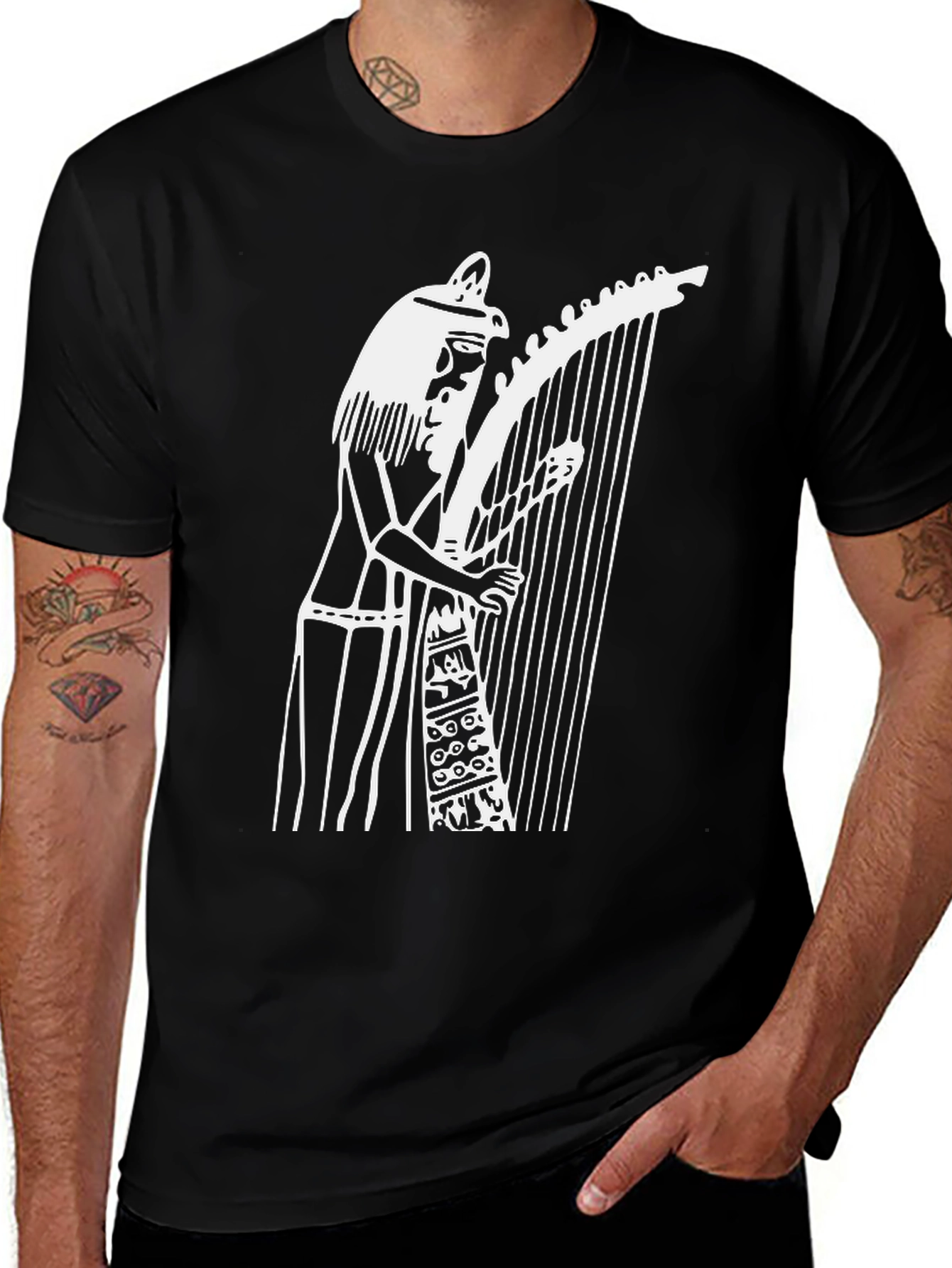 Variant 19 of Egyptian Harp Player Graphic T-Shirt - Black