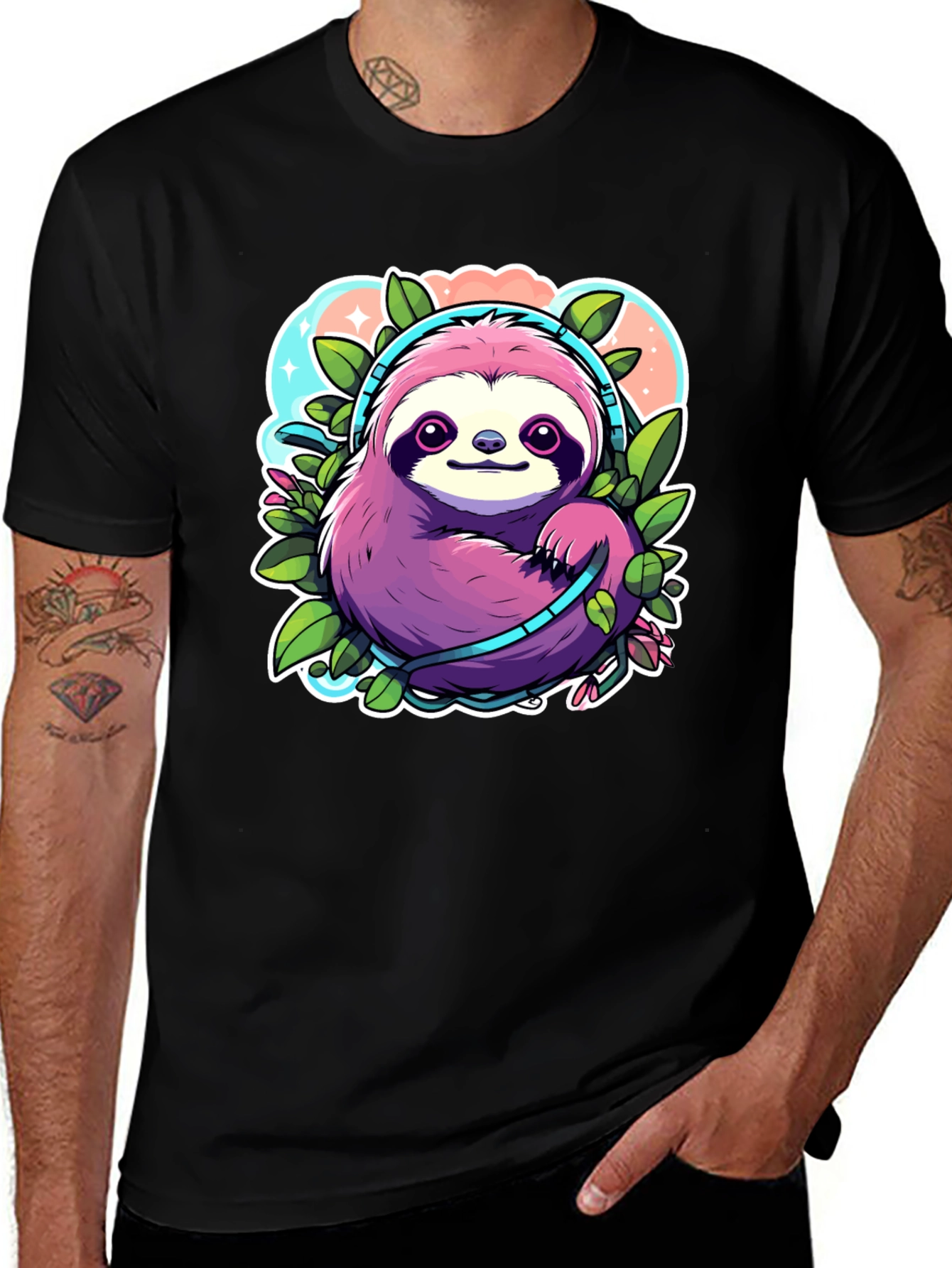 Variant 22 of Sloth Headphones Graphic Tee - Cute Cartoon Animal Shirt