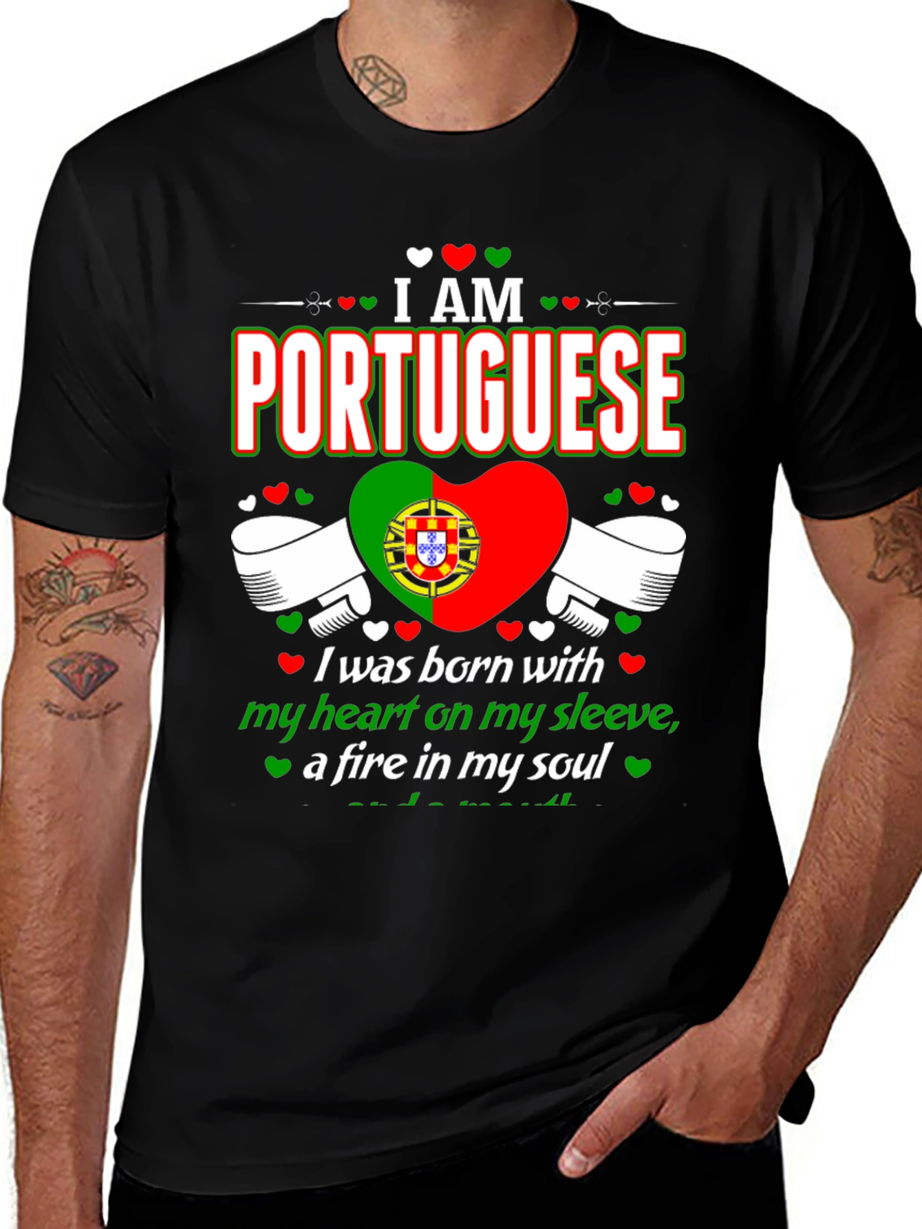 I Am Portuguese T-Shirt Heart Sleeve Fire Soul Pride