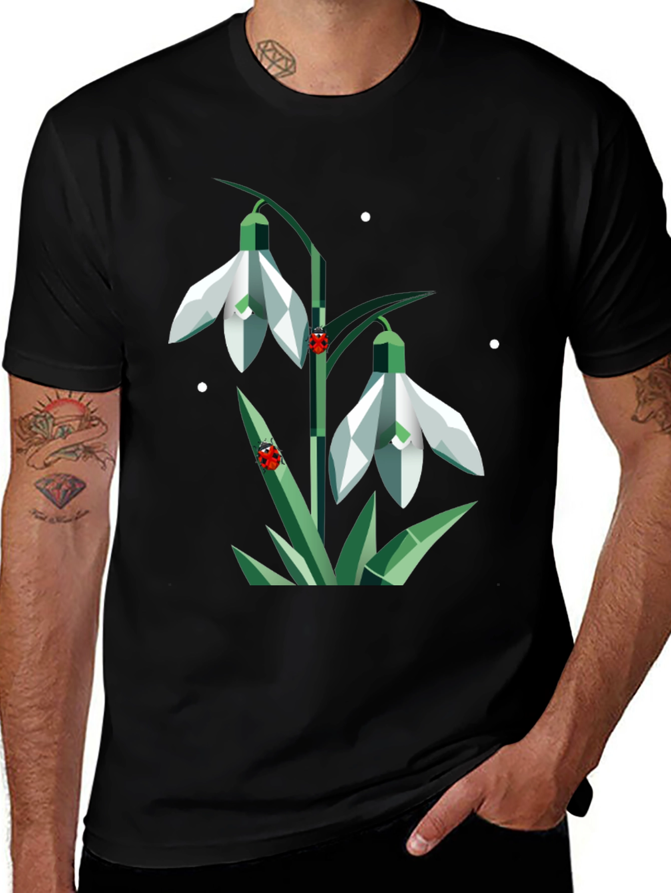 Variant 28 of Floral Graphic Tee - Geometric Snowdrops & Ladybugs