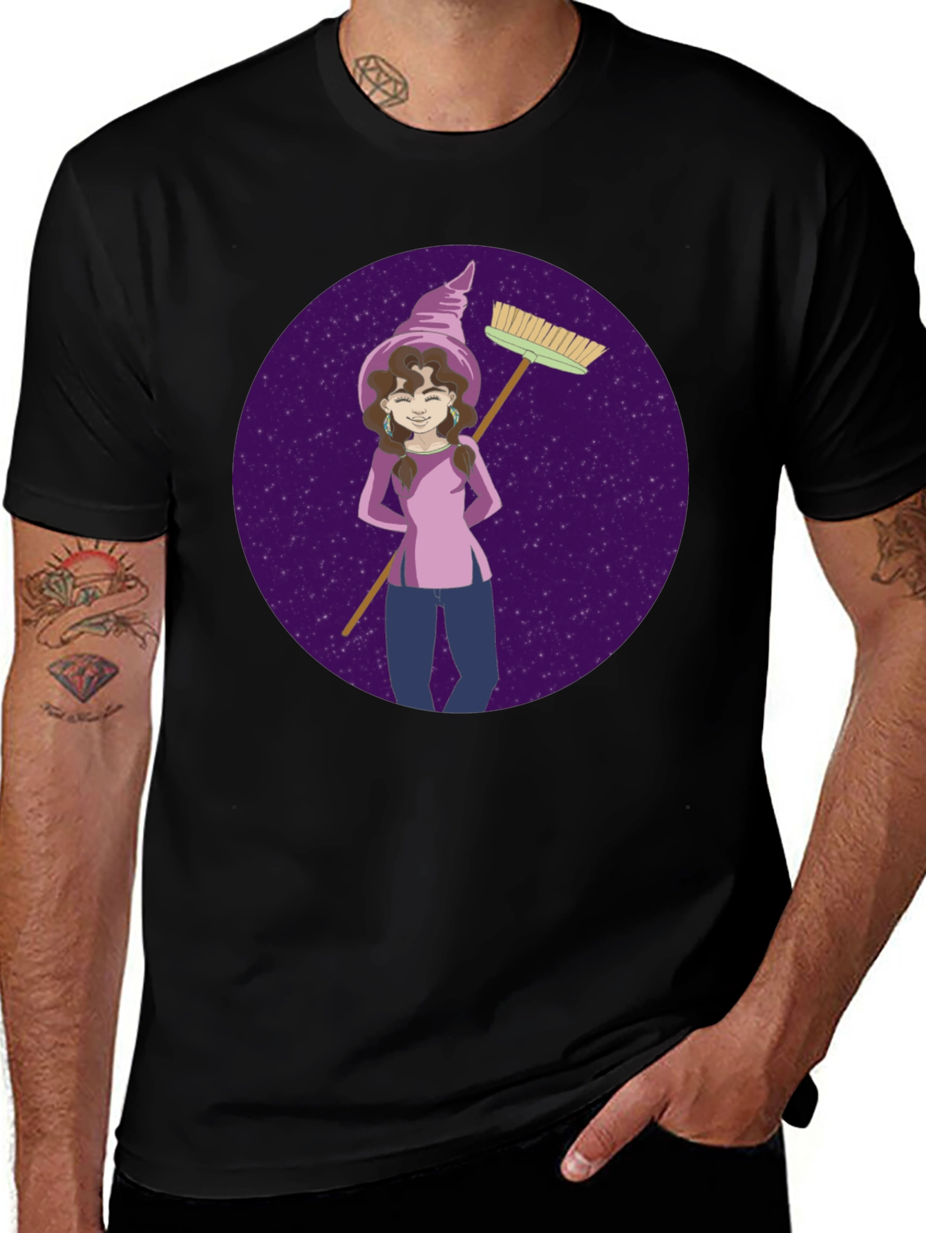 Variant 3 of Whimsical Witch Graphic Tee - Broom & Stars Design