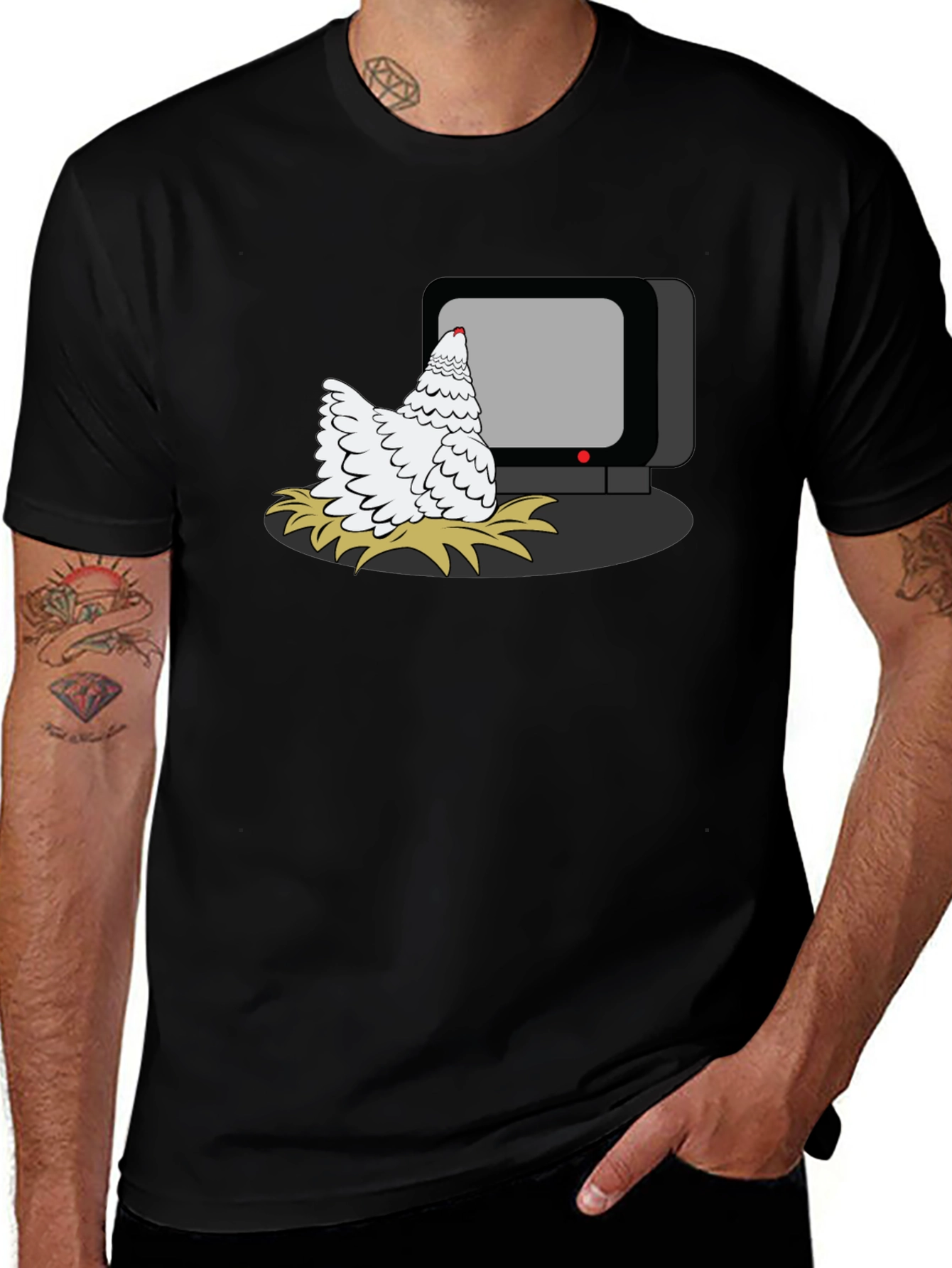 Black Chicken Watching TV Graphic T-Shirt main image