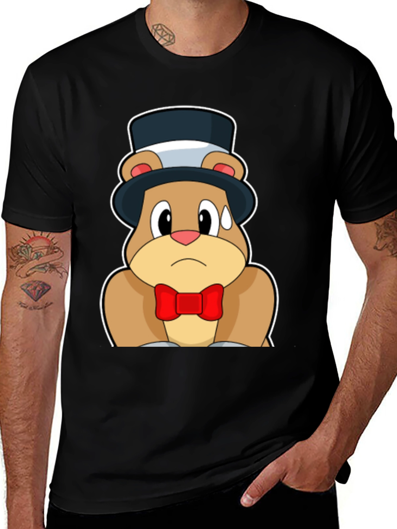 Variant 19 of Cartoon Bear Top Hat Bowtie Black T-Shirt