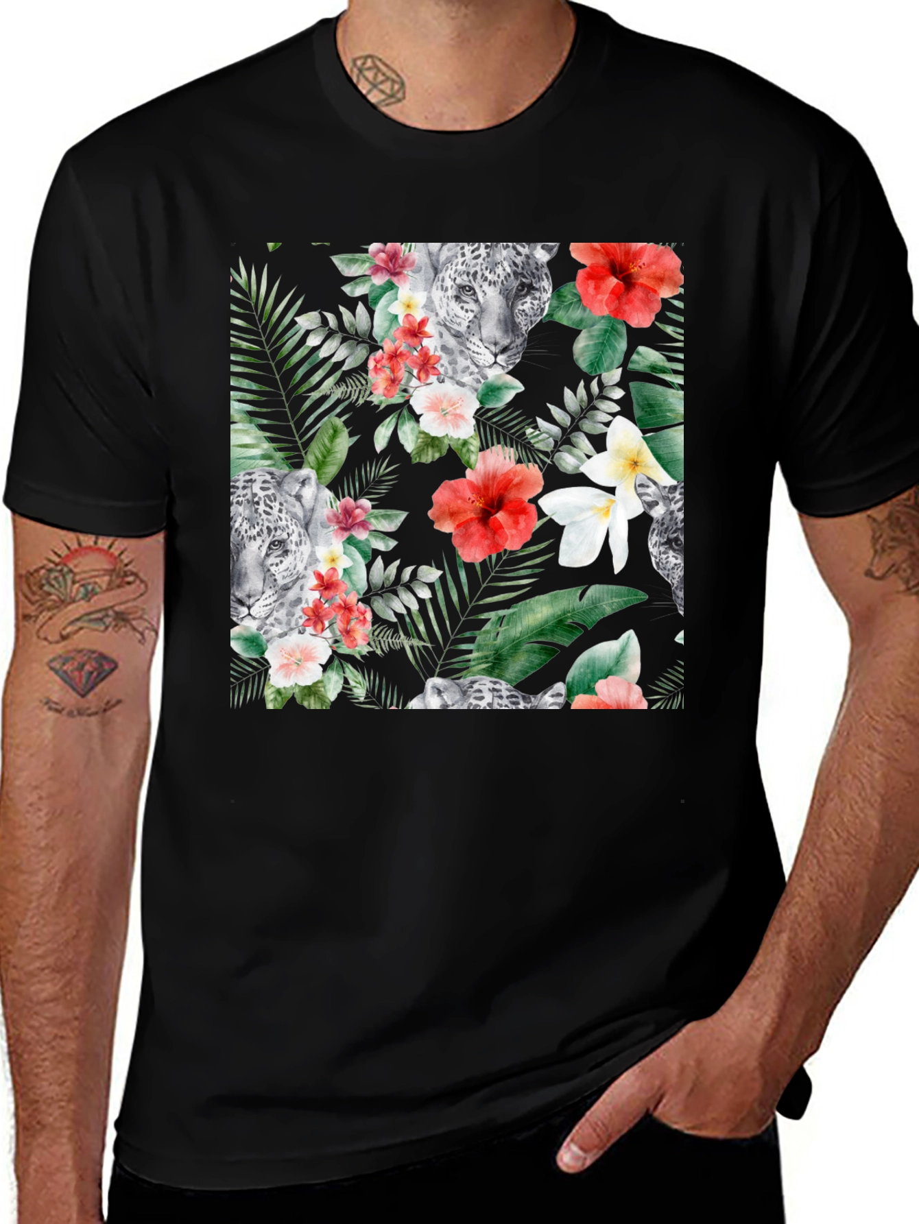 Variant 10 of Tropical Floral & Leopard Print Black T-Shirt