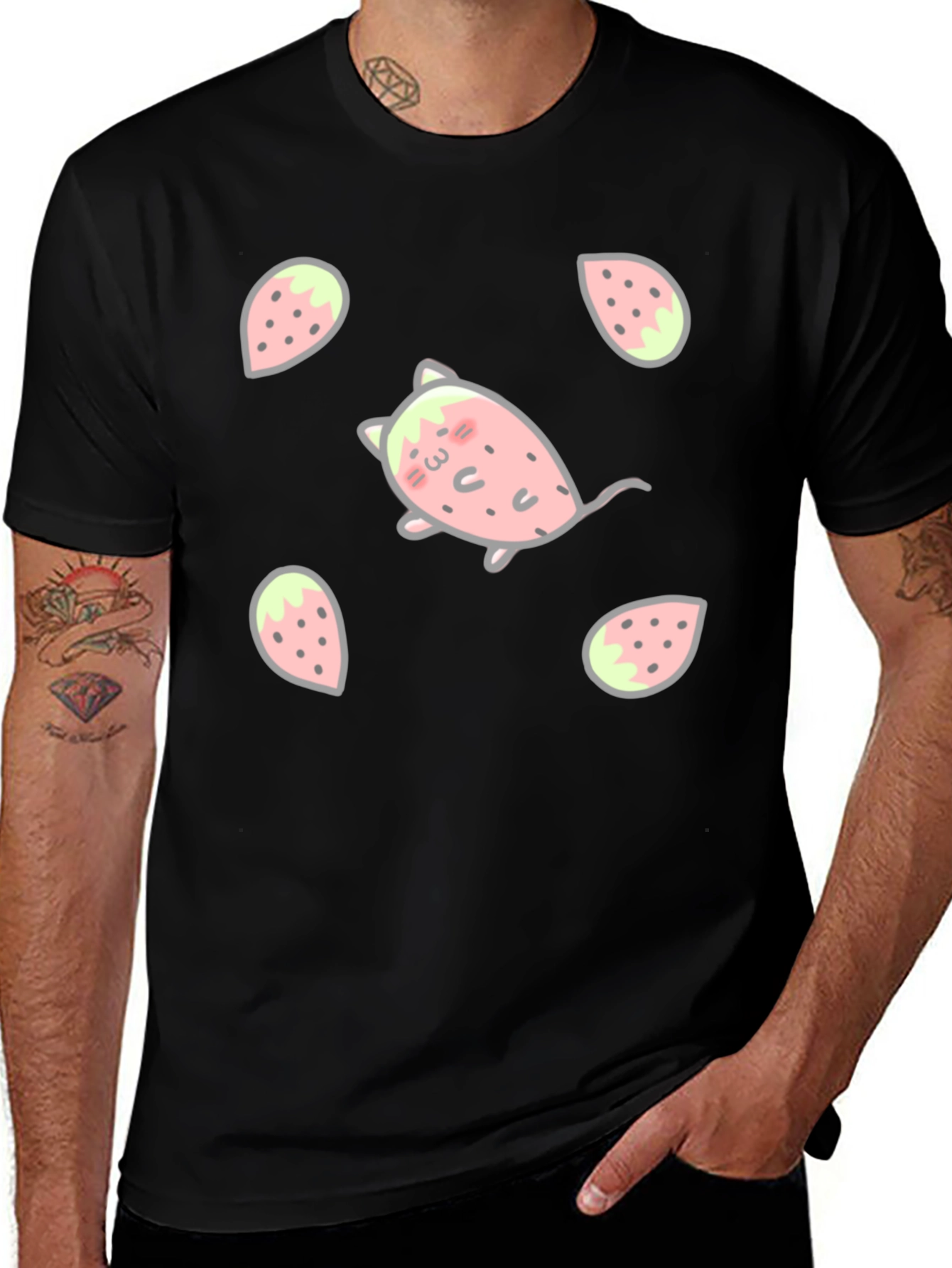 Variant 18 of Strawberry Cat Black T-Shirt