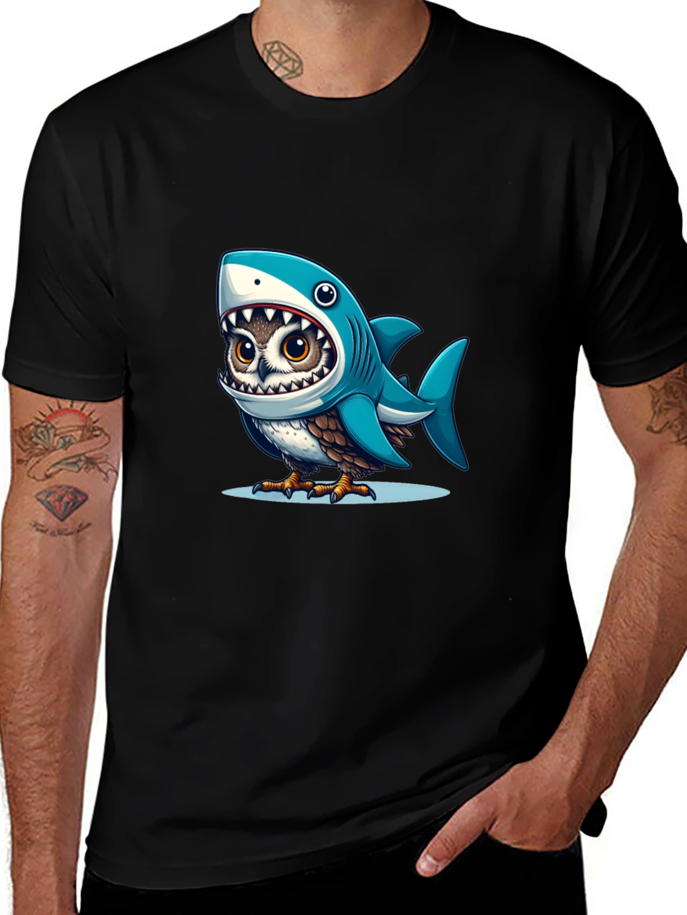 Variant 30 of Shark Owl Graphic Tee - Unique Cartoon Design