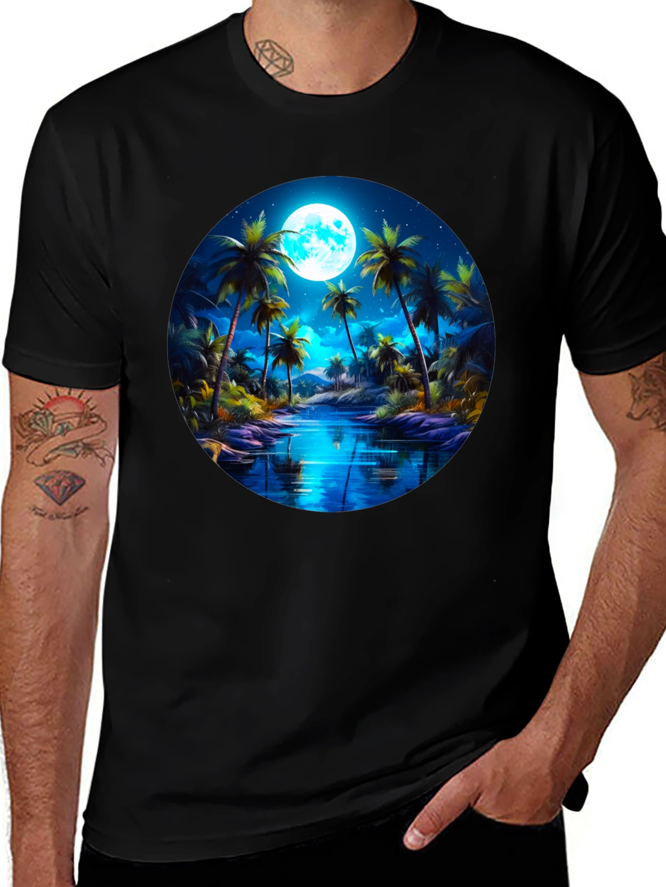 Variant 20 of Tropical Moonlit Palm Tree Graphic Black T-Shirt