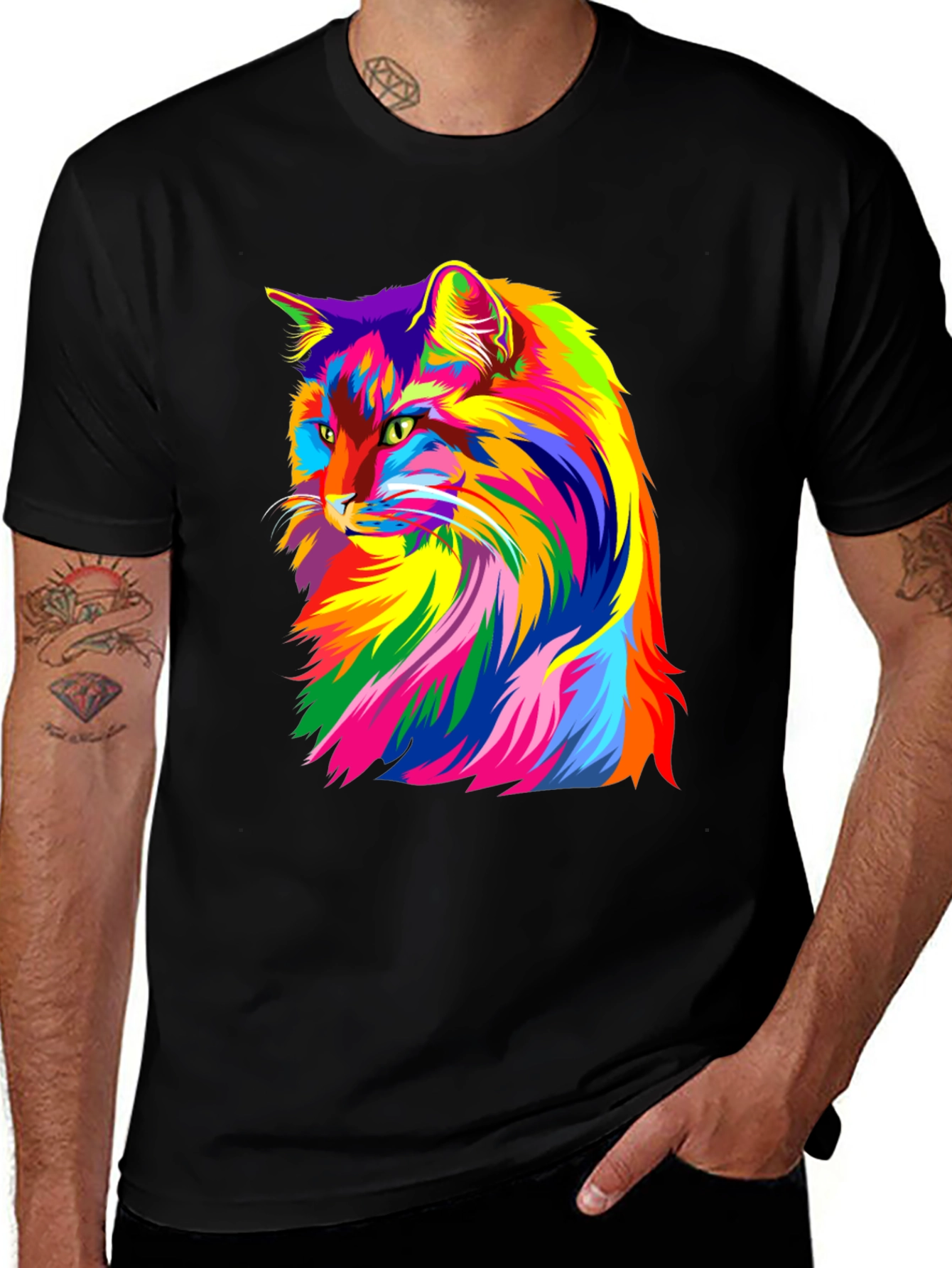Variant 8 of Colorful Cat Graphic Black T-Shirt