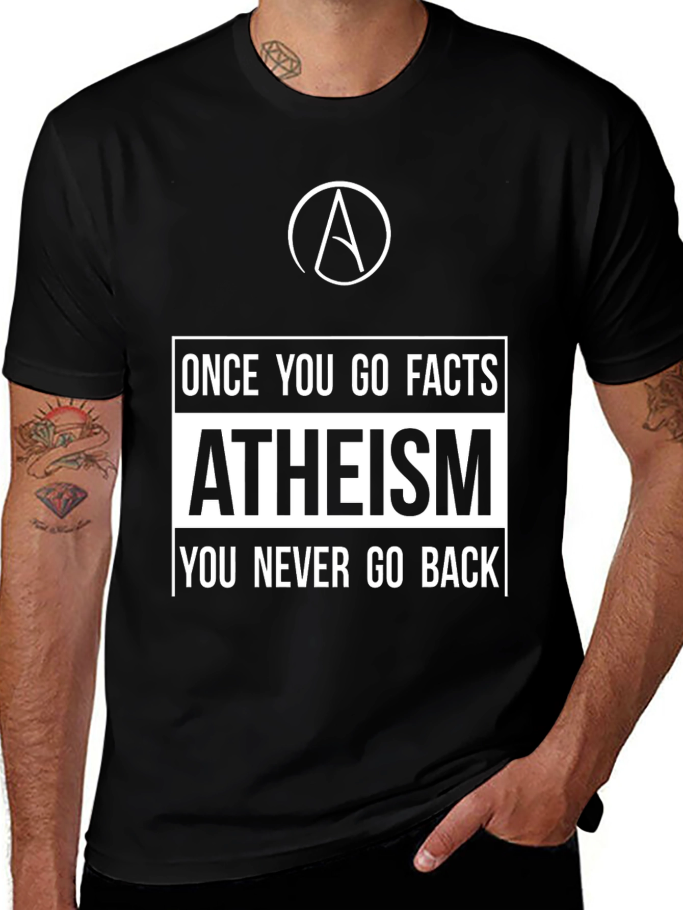 Black Atheism Facts Graphic T-Shirt - Never Go Back main image