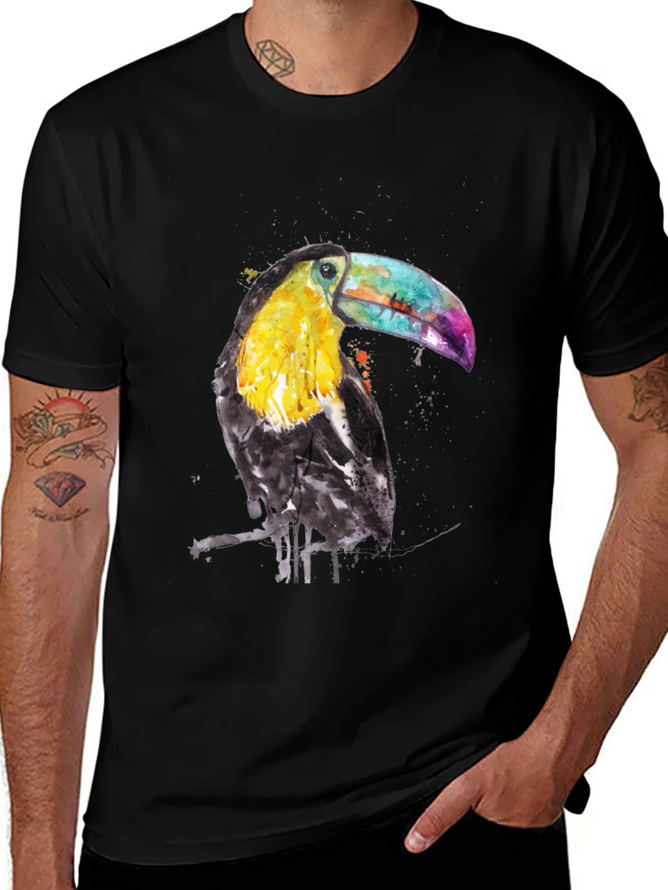 Variant 20 of Watercolor Toucan Graphic Print Black T-Shirt