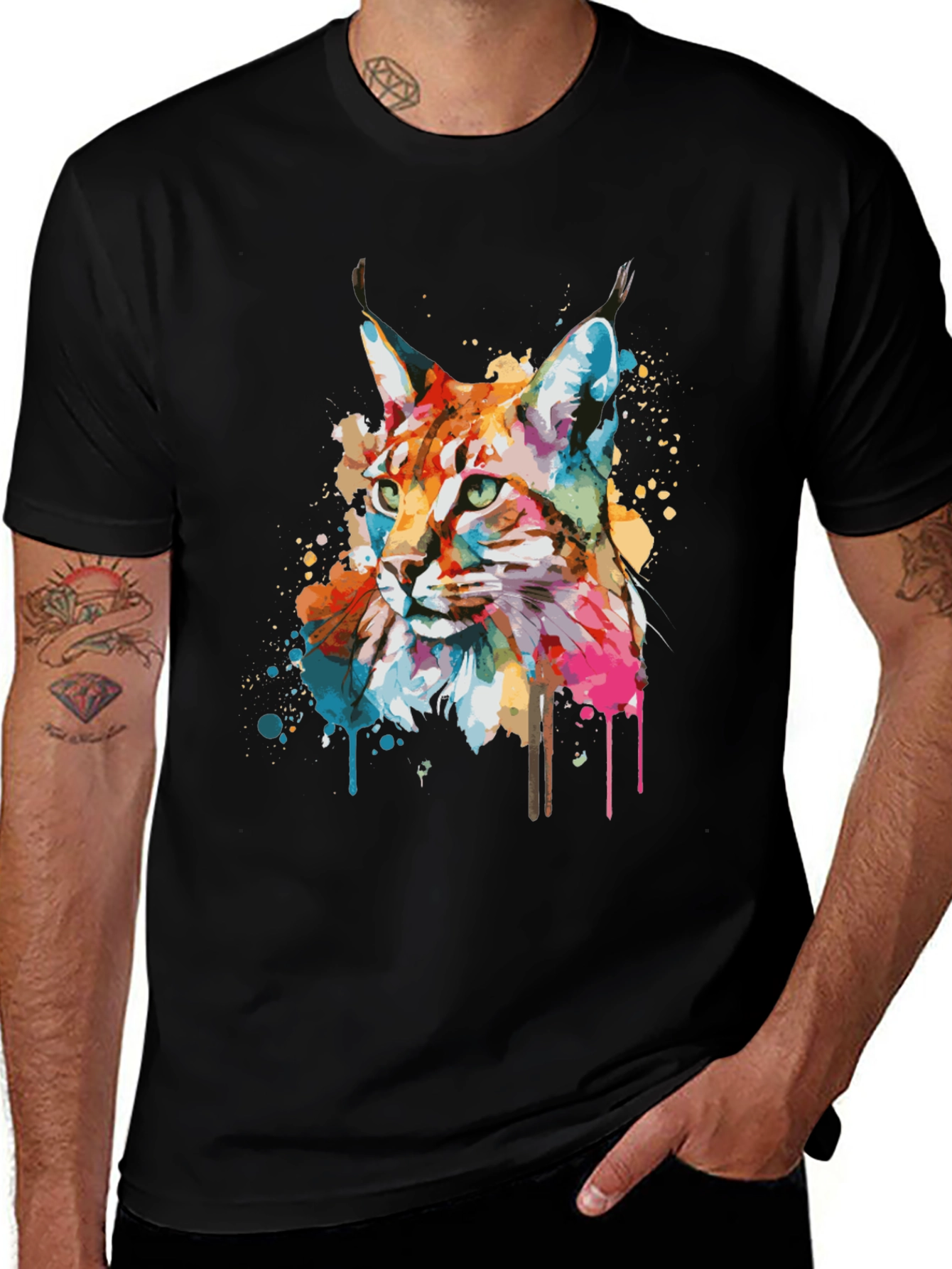 Lynx Watercolor Print Black T-Shirt