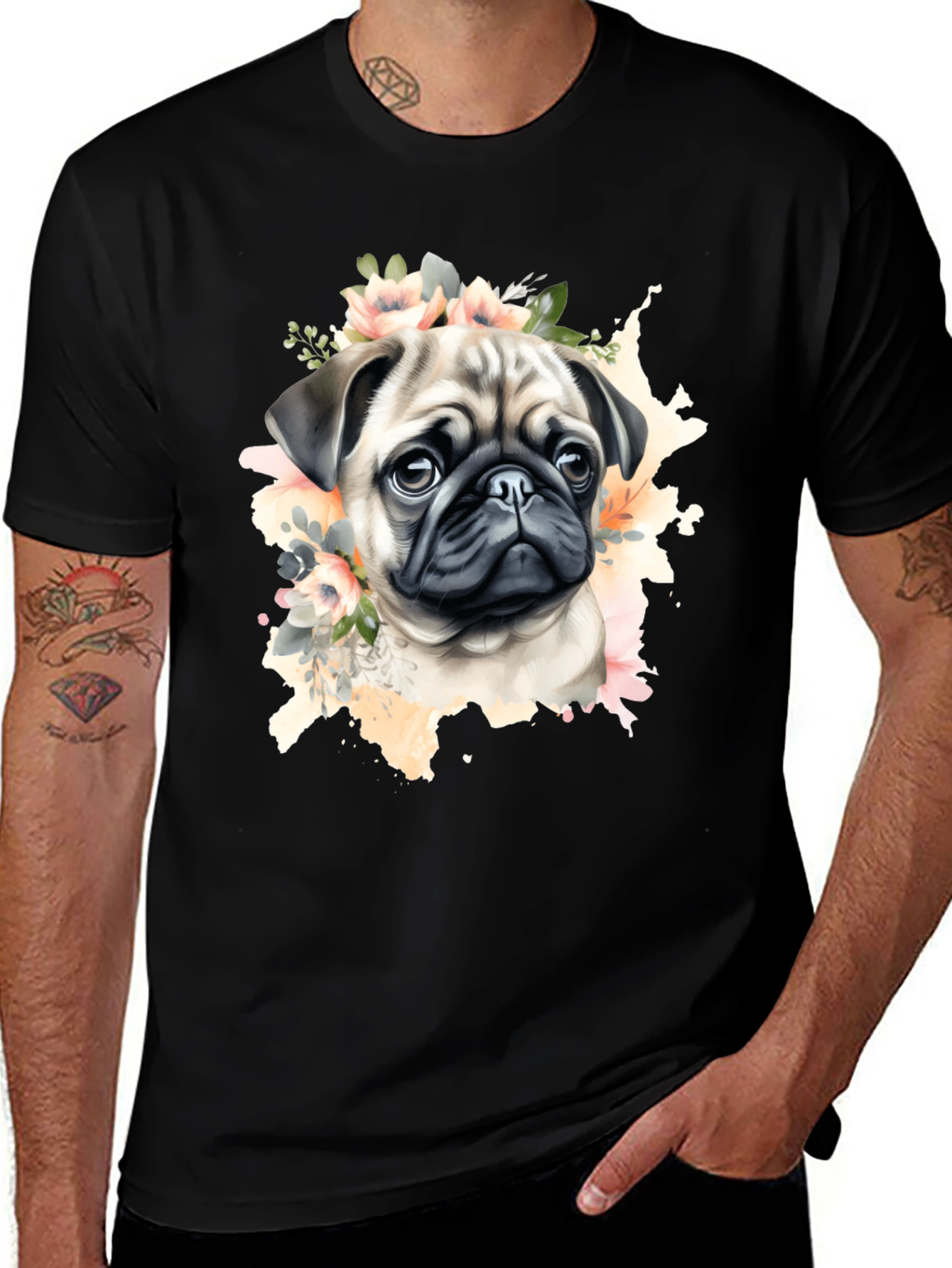 Variant 28 of Pug Floral Watercolor Men's Black T-Shirt