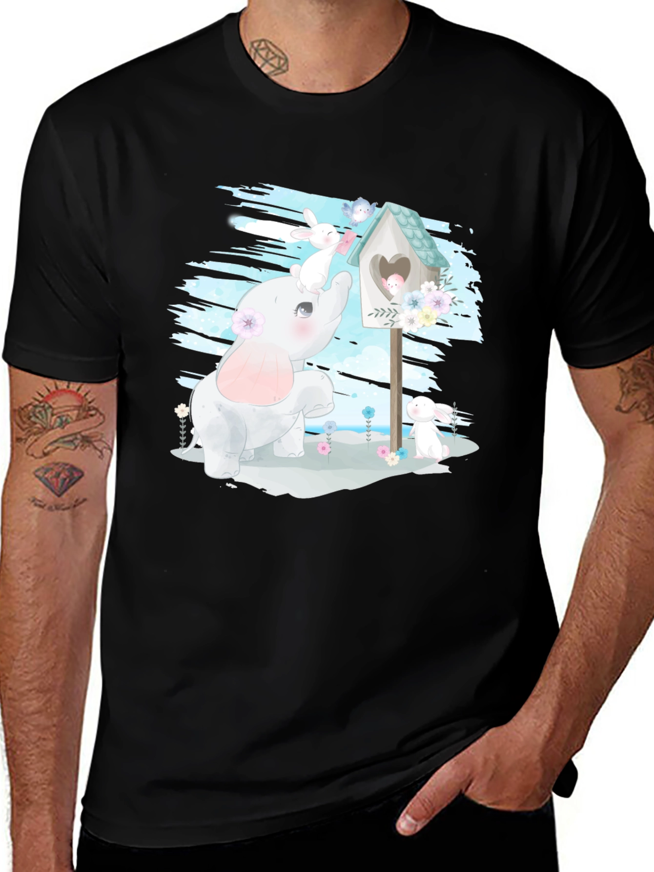 Cute Elephant and Bunny Graphic T-Shirt