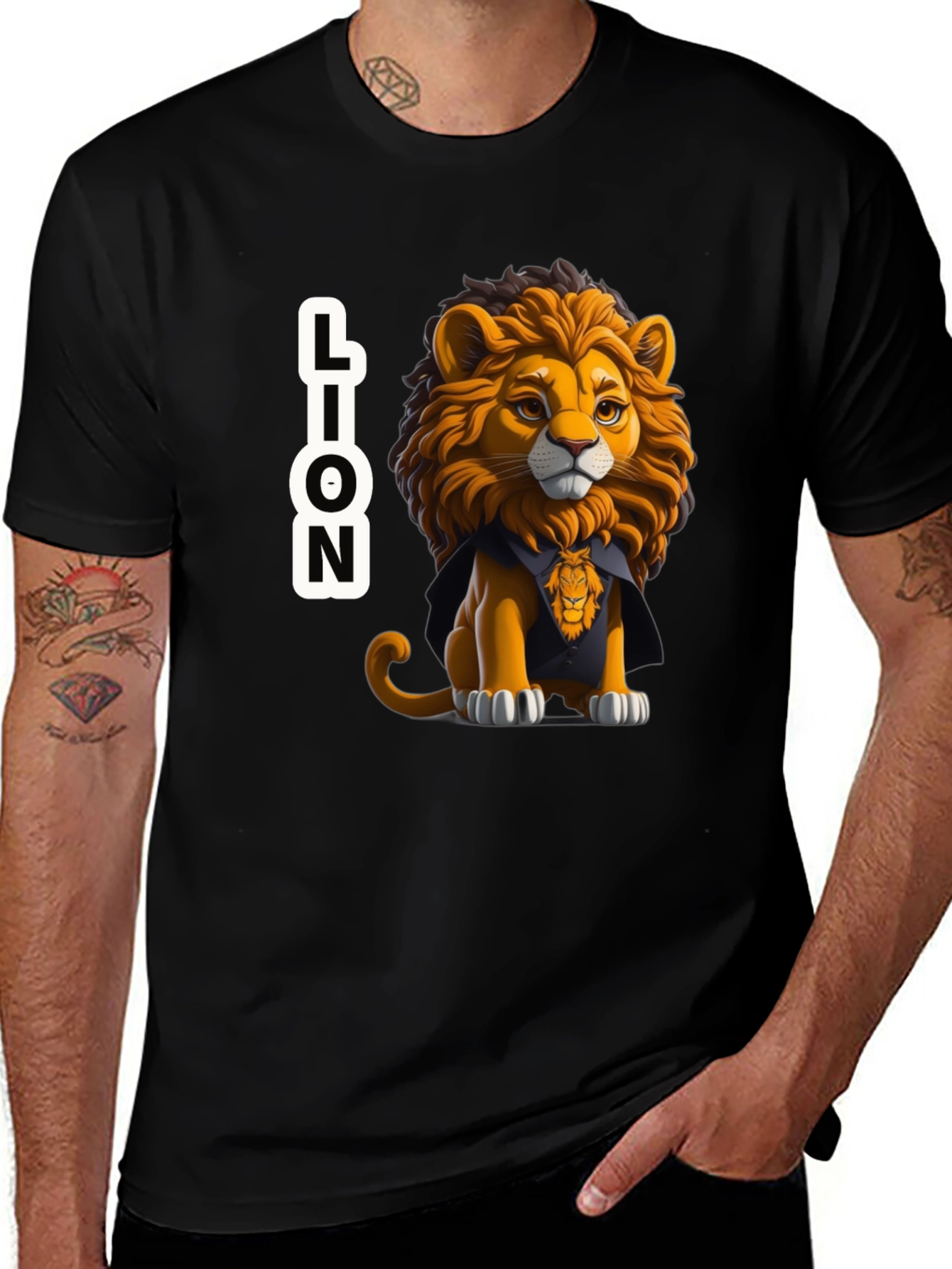 Variant 7 of Lion Cartoon Graphic Black T-Shirt