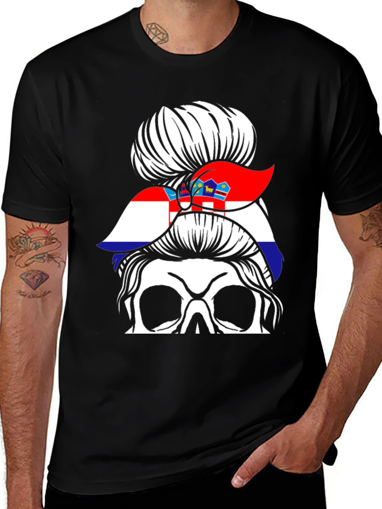 Croatian Flag Messy Bun Skull T-Shirt