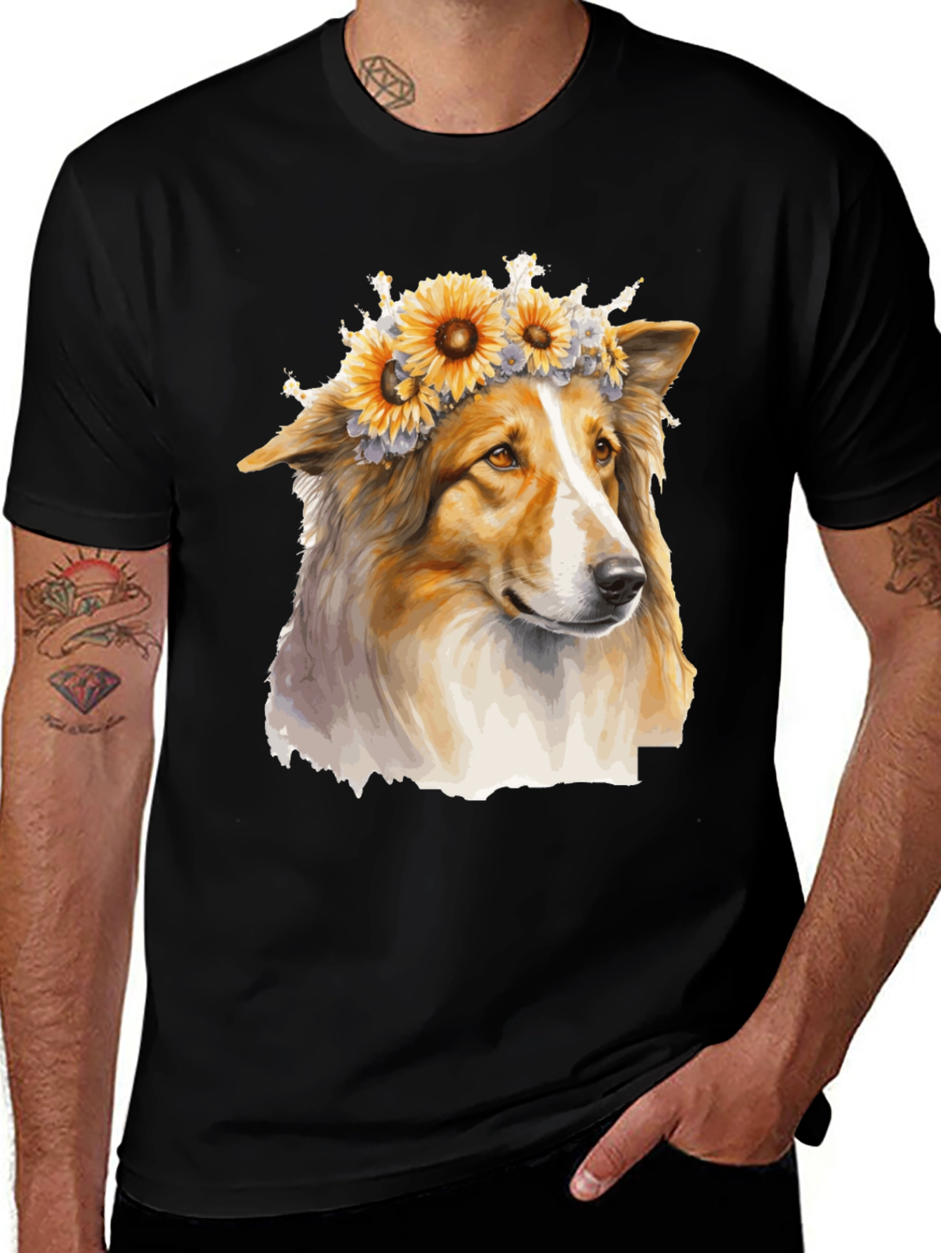 Variant 14 of Dog with Flower Crown T-Shirt - Unisex Black Tee