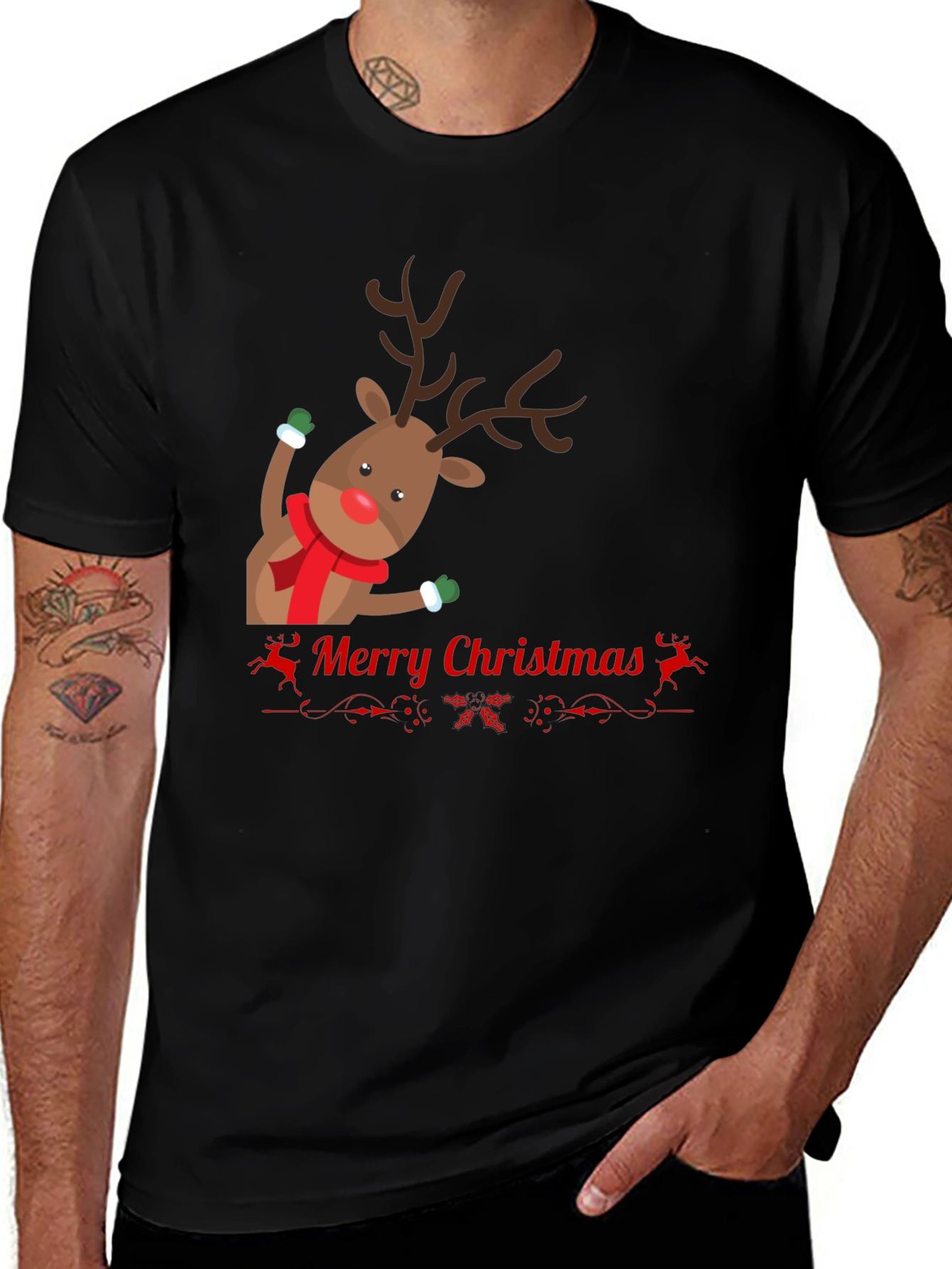 Festive Reindeer Merry Christmas Black T-shirt