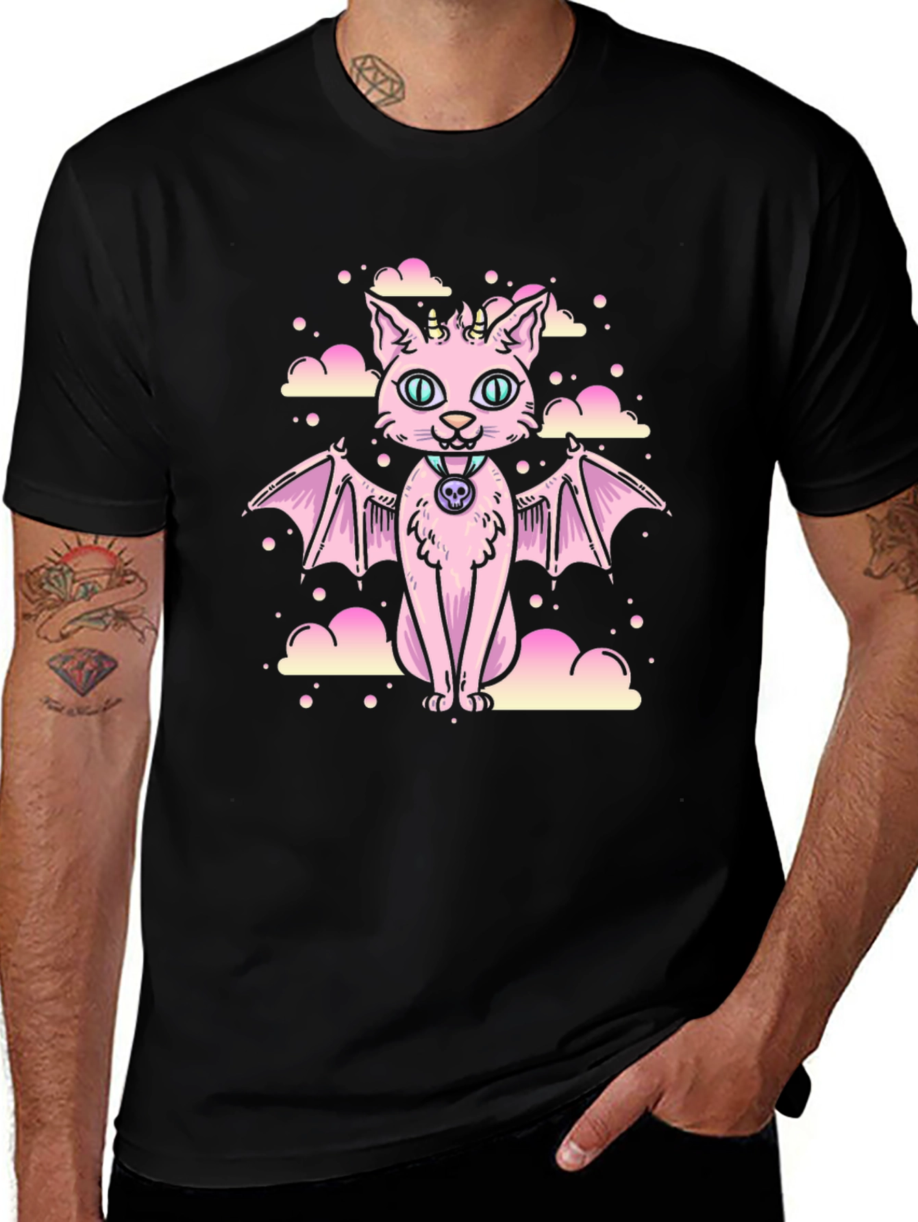Variant 12 of Unicorn Bat Cat Graphic Tee - Black Cotton T-Shirt