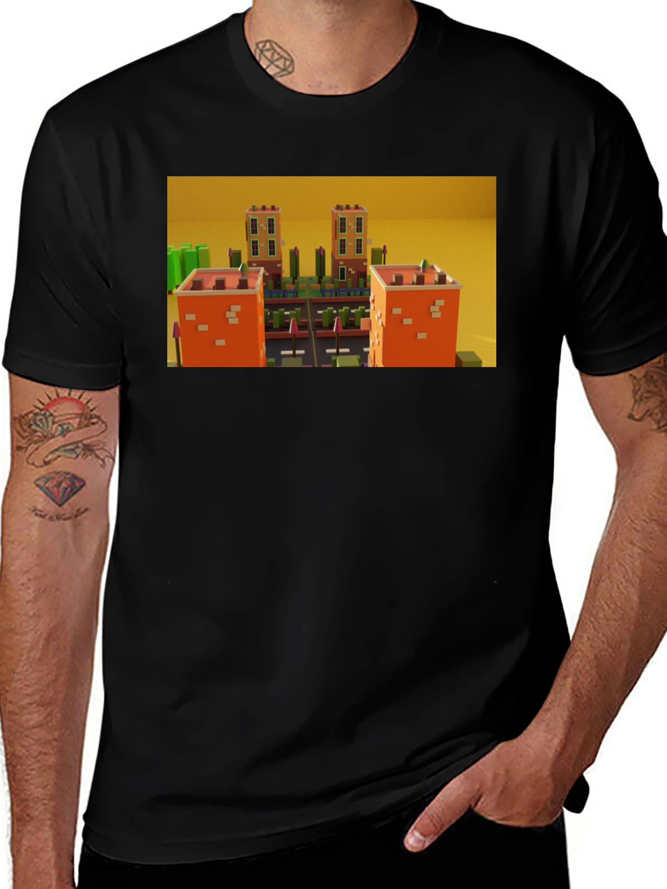 Variant 27 of Black T-Shirt with 3D Cityscape Design