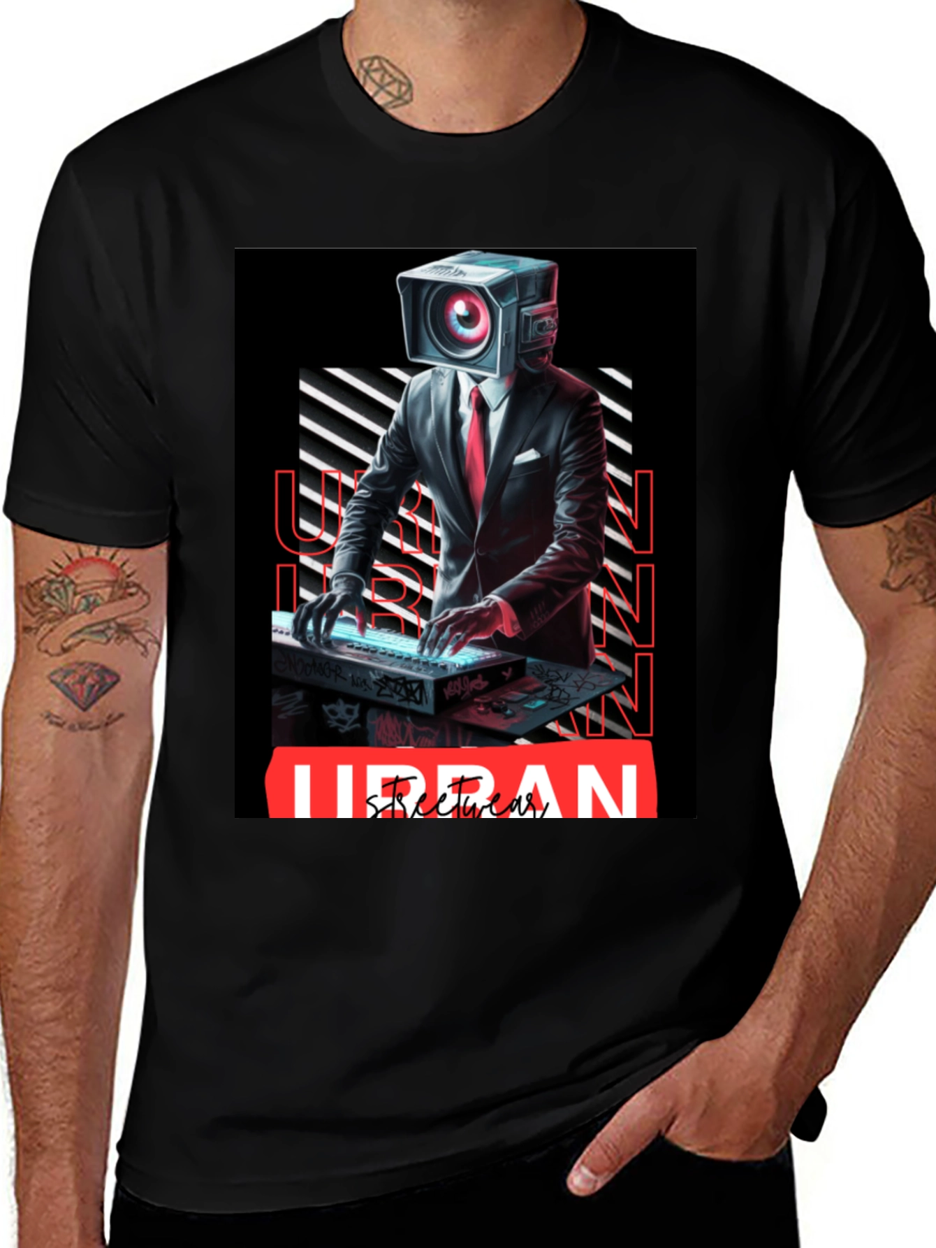 Black Urban Streetwear Camera Head DJ Graphic Tee main image