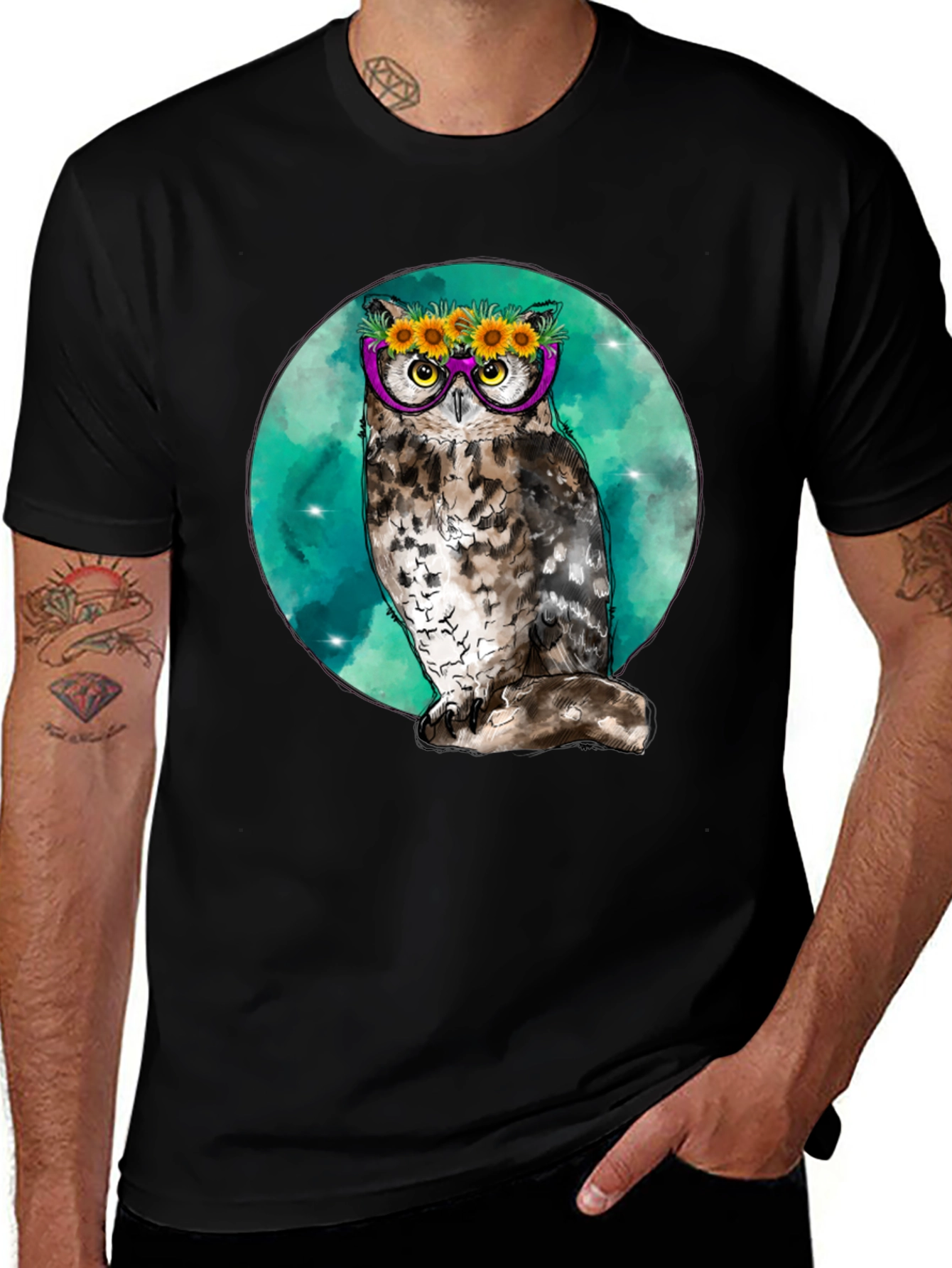 Variant 4 of Owl with Sunflowers & Glasses Graphic Tee
