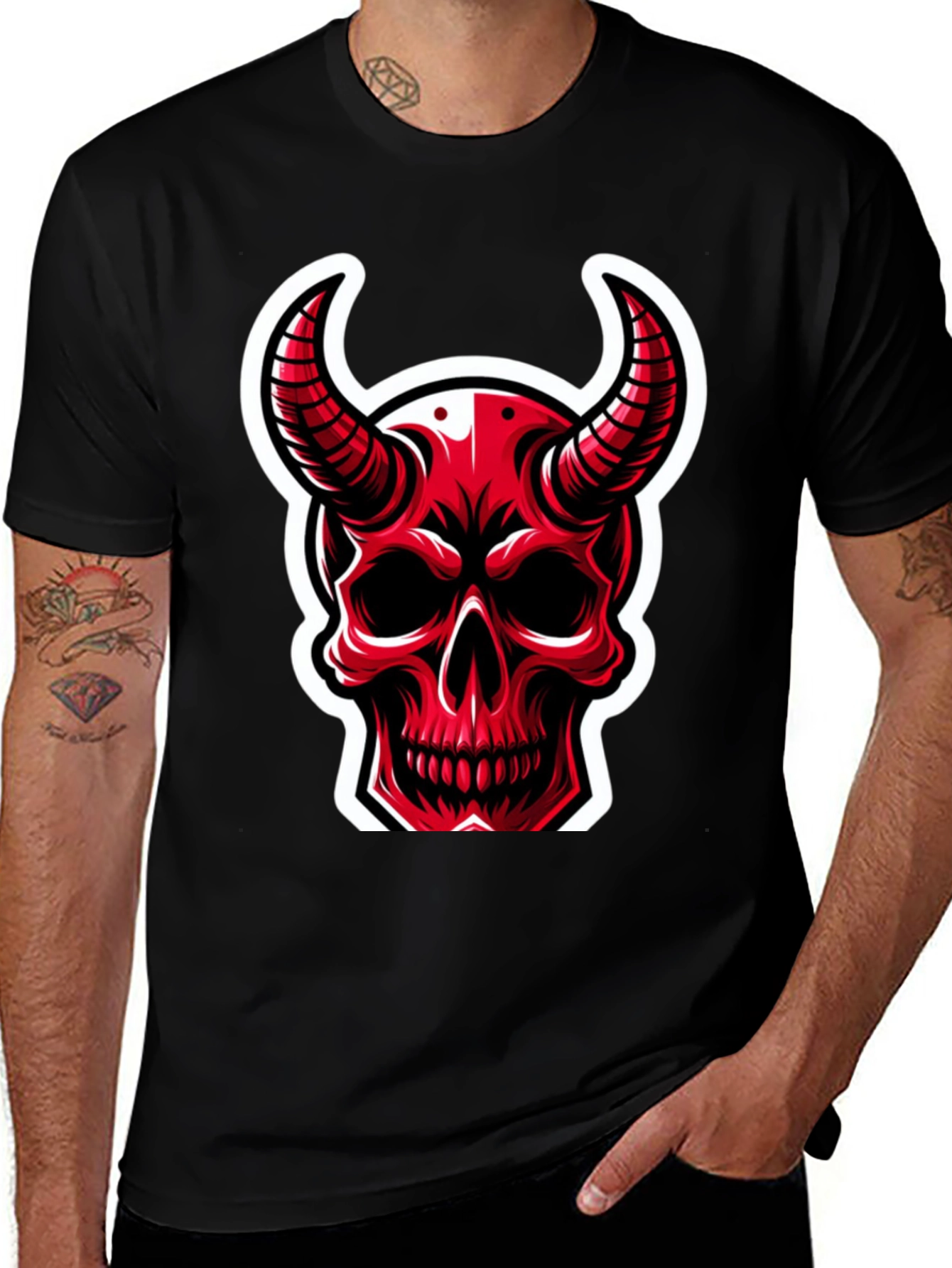 Variant 6 of Red Devil Skull Graphic T-Shirt - Black Cotton Tee