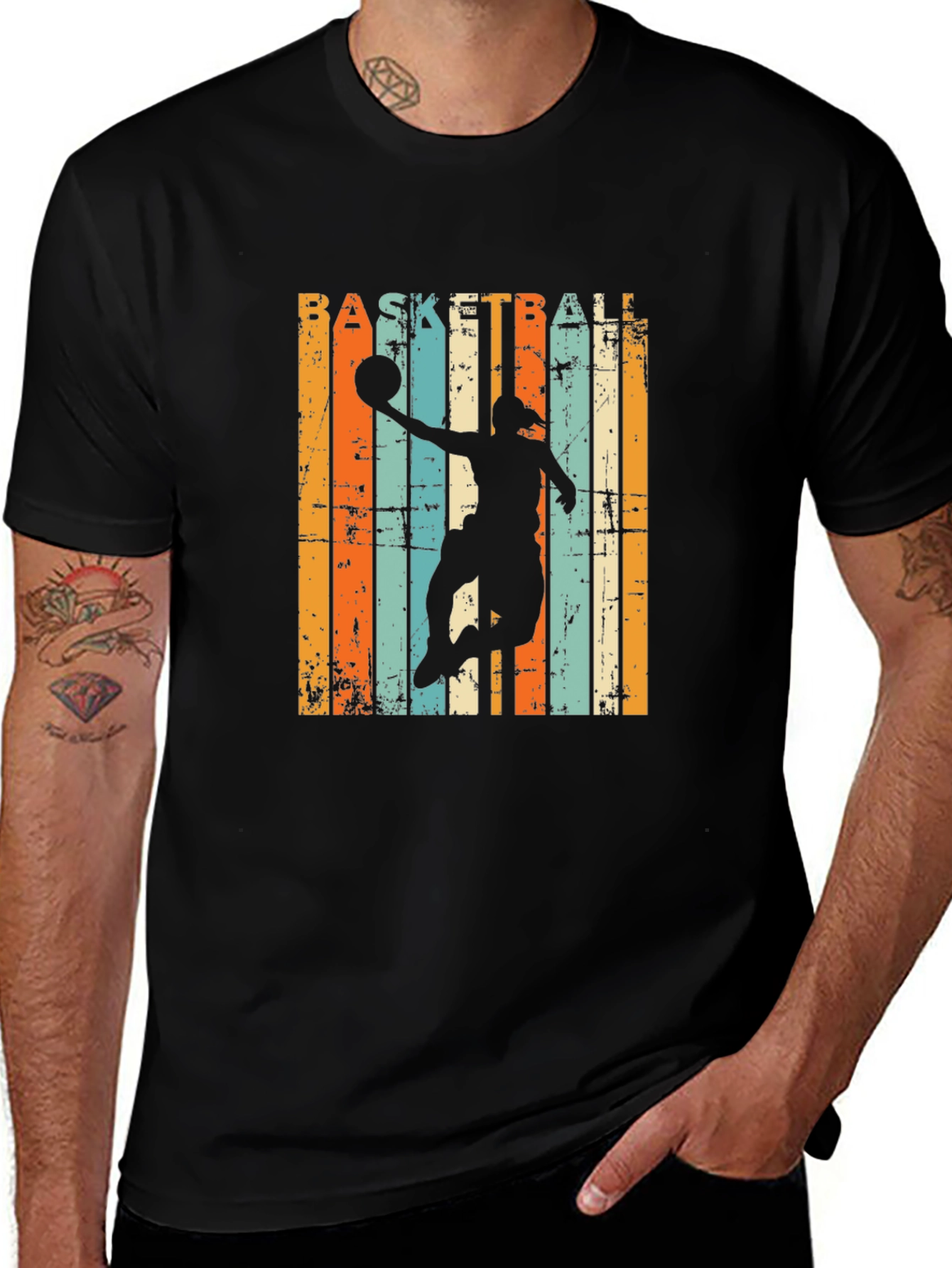 Black Basketball Silhouette Retro Striped Graphic Tee main image