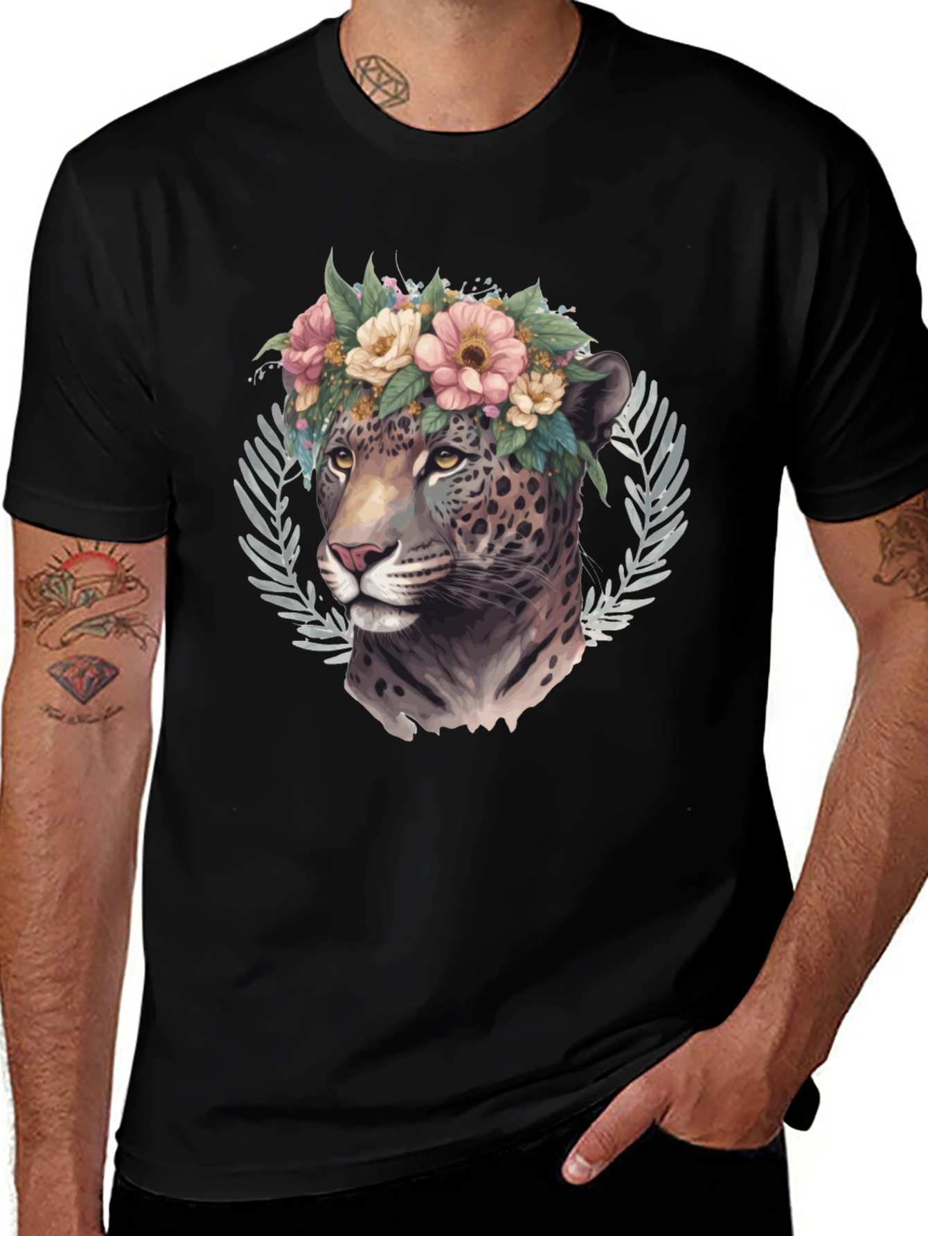 Floral Leopard Graphic Black T-Shirt
