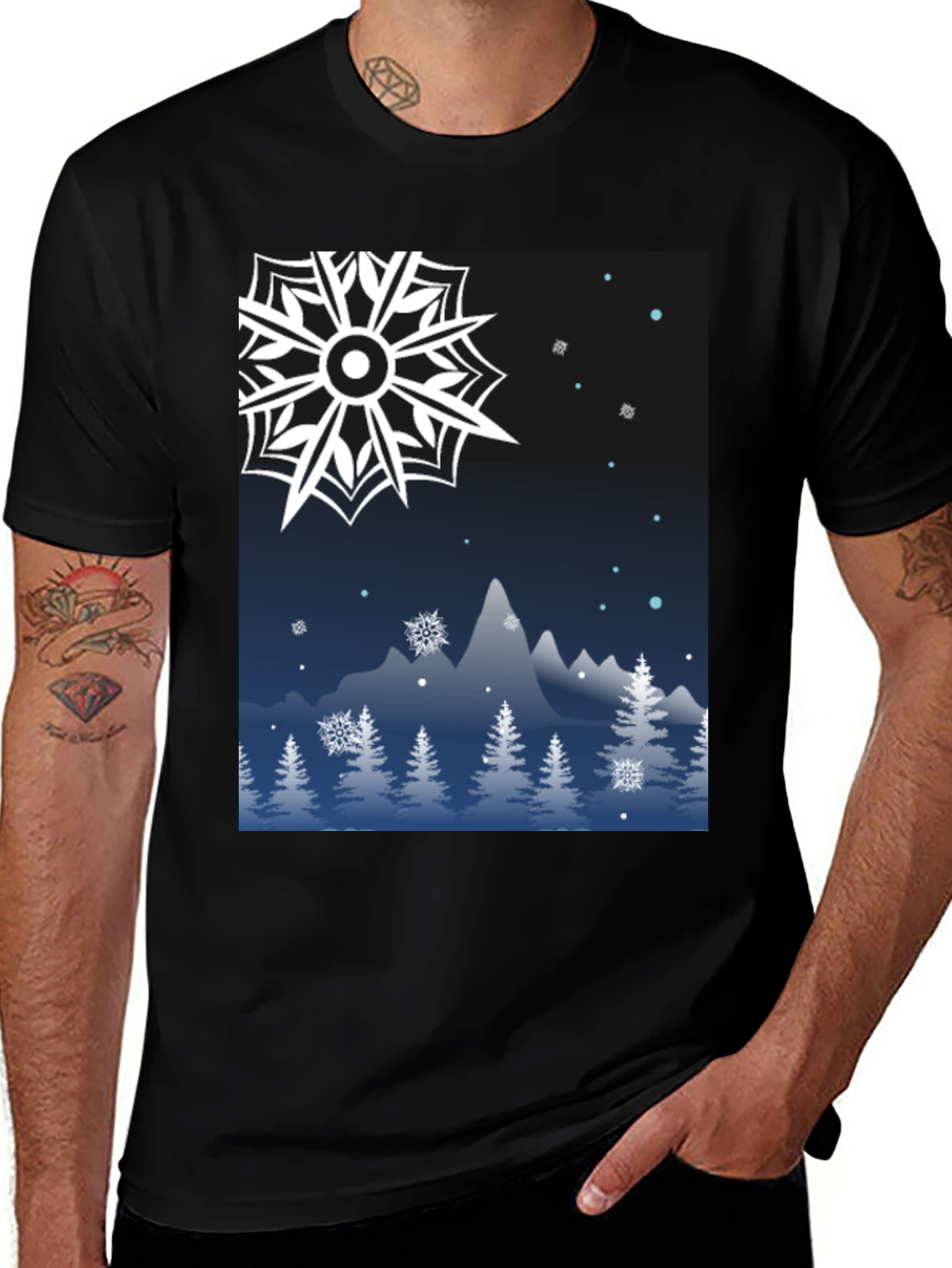 Winter Snowflake Graphic Tee - Mountain Scene