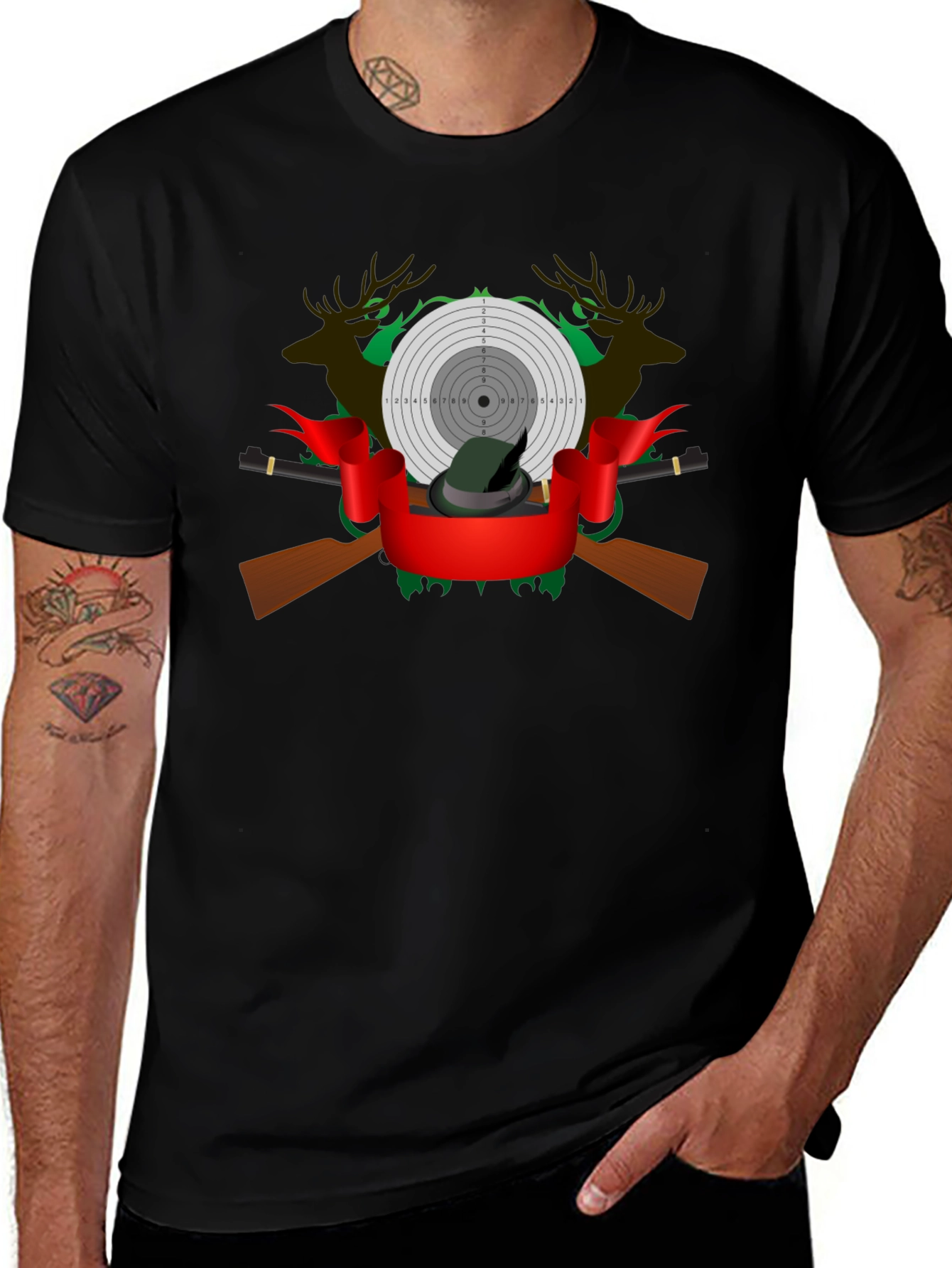 Variant 14 of Hunting Graphic Tee - Deer, Target, and Rifle Design