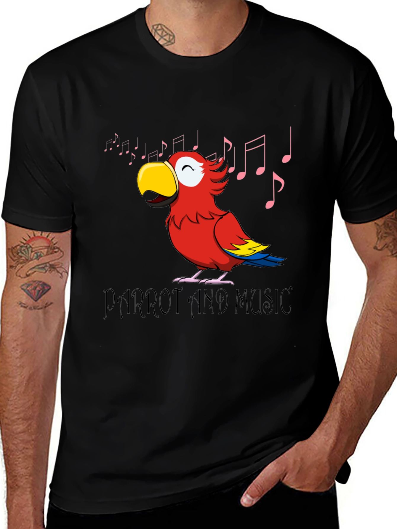 Variant 24 of Parrot and Music Graphic Print Black T-Shirt