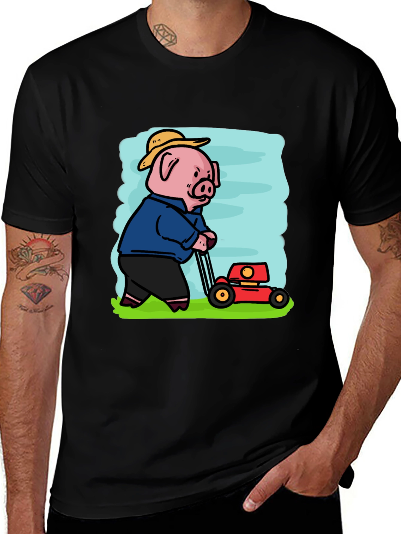 Variant 19 of Pig Mowing Lawn Graphic Tee - Black