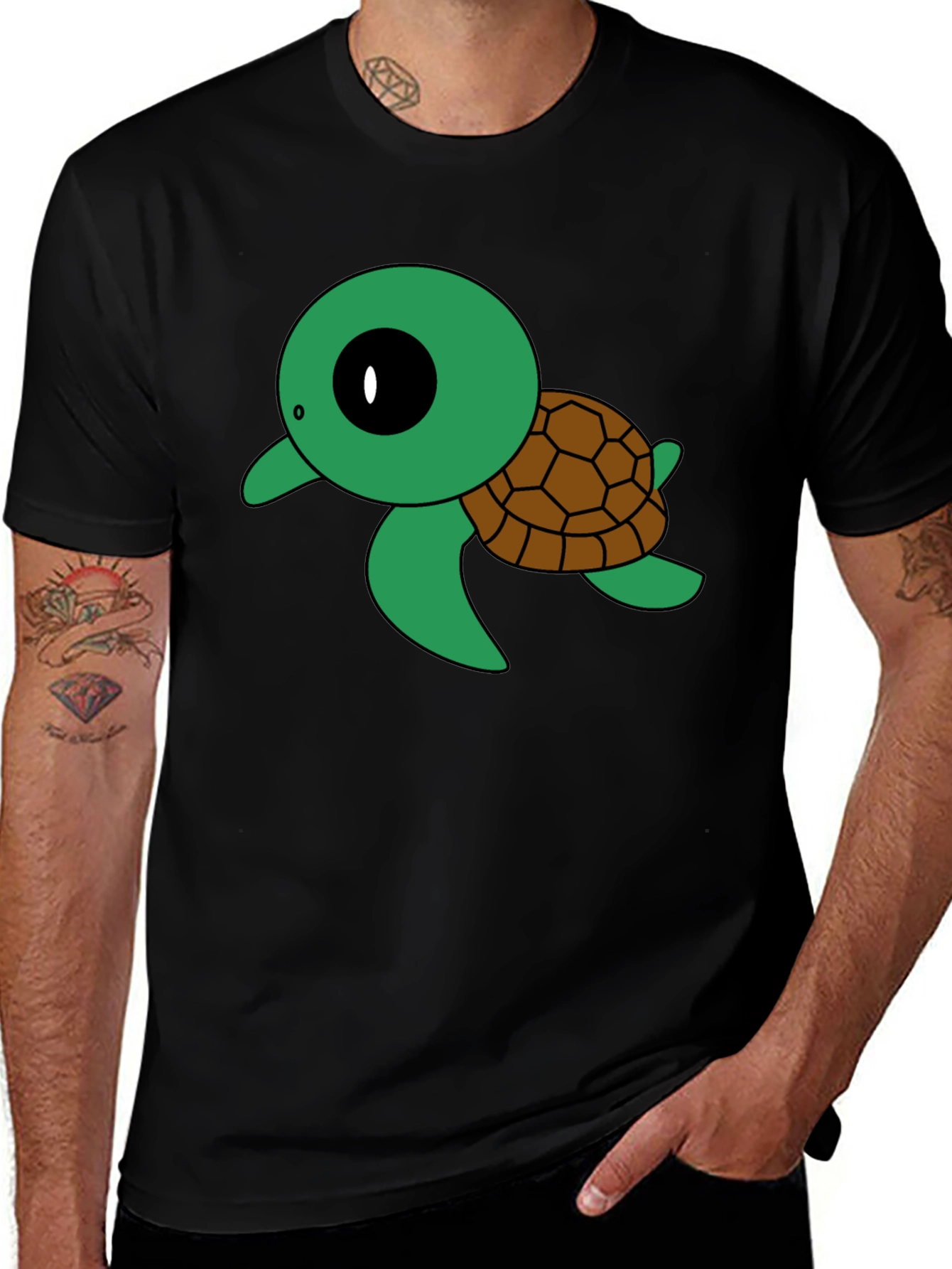 Variant 7 of Cute Turtle Graphic Tee - Black Cotton T-Shirt