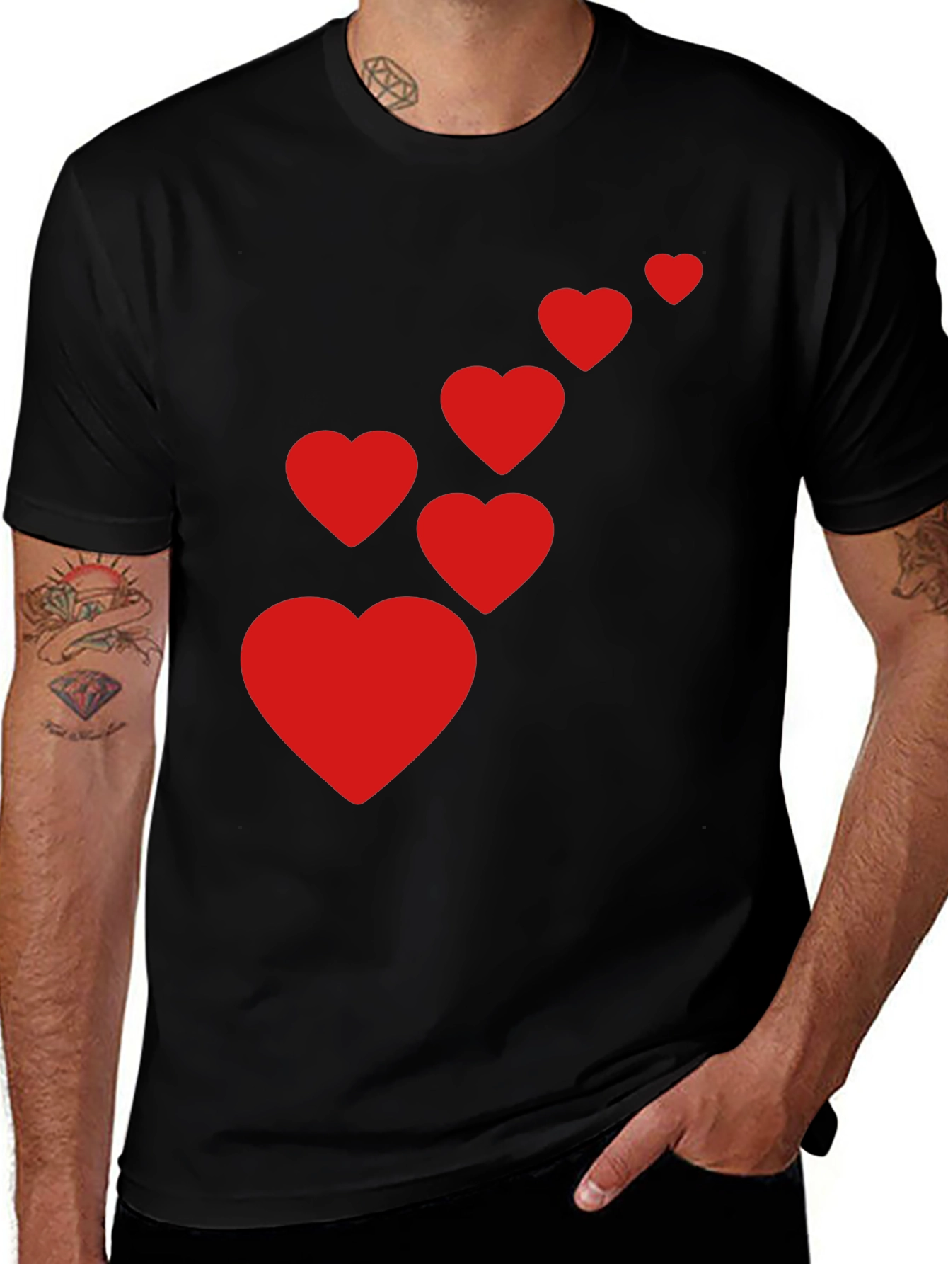 Variant 27 of Men's Black T-Shirt with Red Heart Cascade