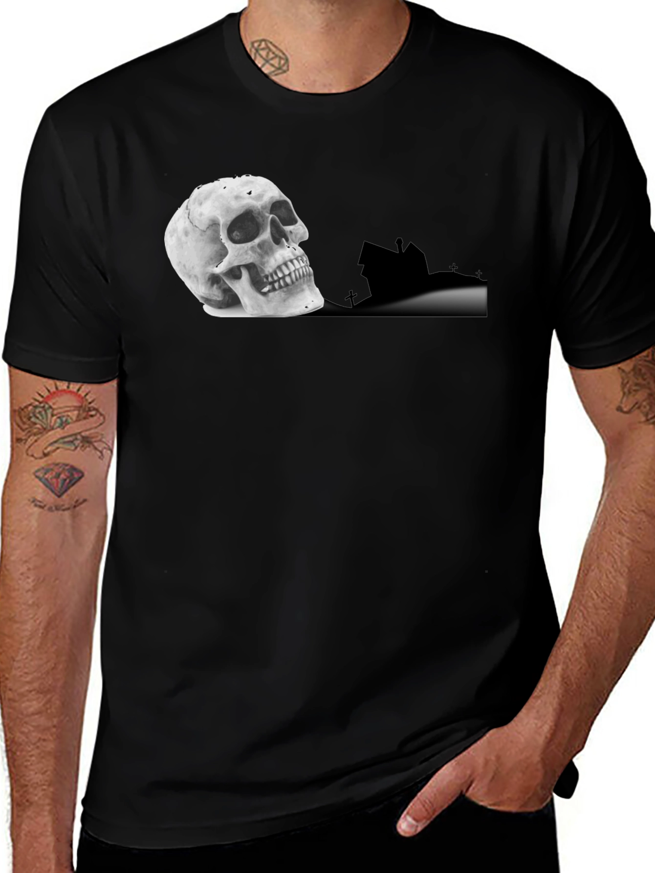 Variant 4 of Skull & Haunted House Graphic Tee - Black