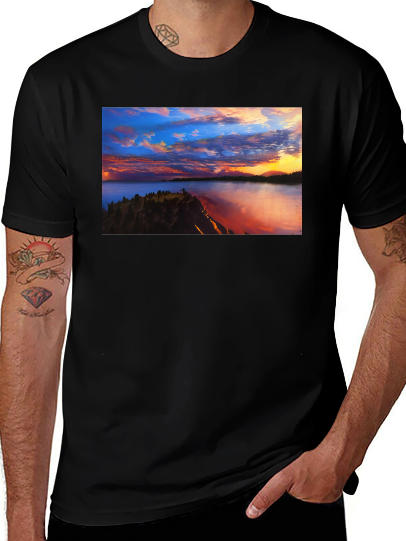Variant 30 of Sunset Lake Graphic Tee - Black Casual T-Shirt