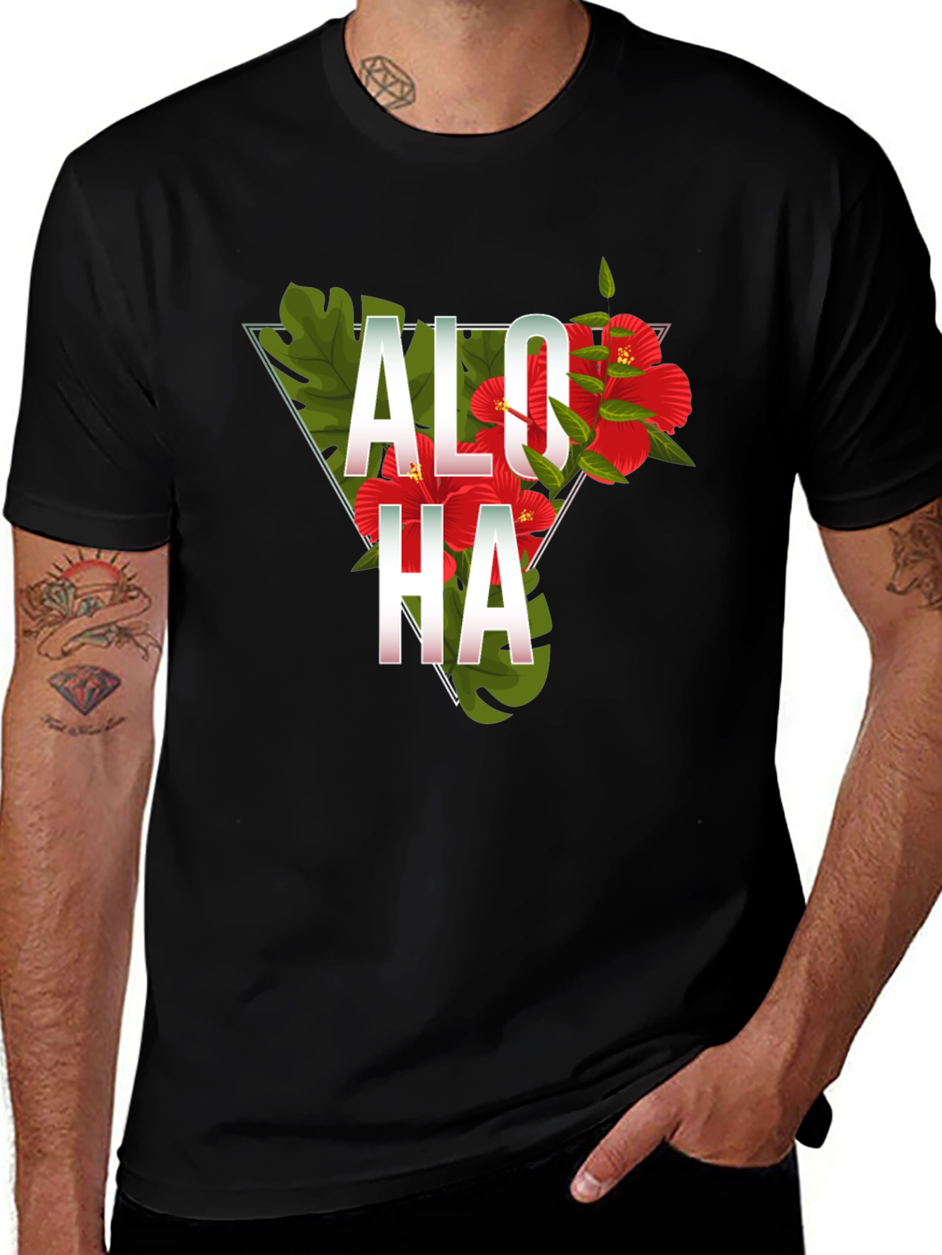 Variant 12 of Aloha Floral Triangle Graphic Tee - Black