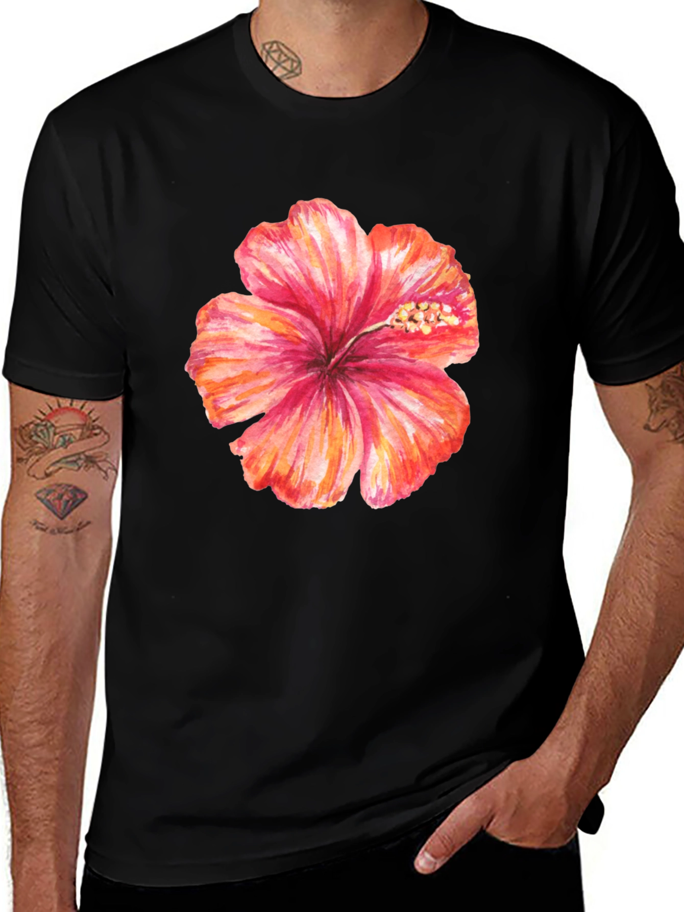 Variant 30 of Hibiscus Flower Graphic Tee - Stylish Men's Black T-Shirt