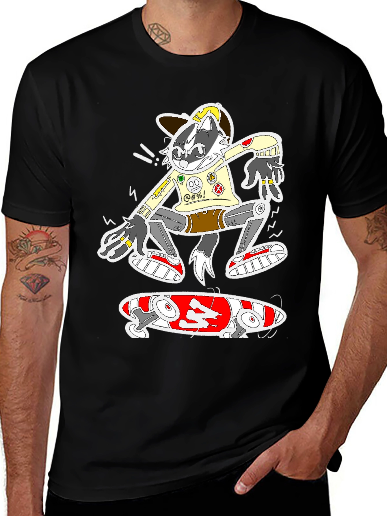 Variant 11 of Skater Raccoon Graphic Tee - Black Cotton Blend