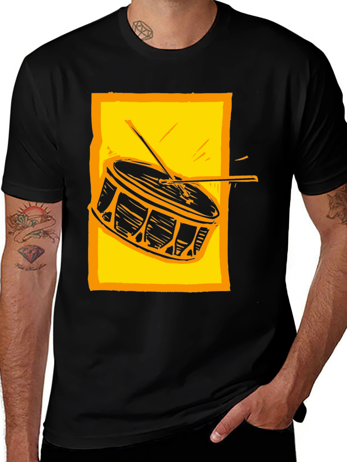 Drum Graphic Tee - Black Cotton Crew Neck