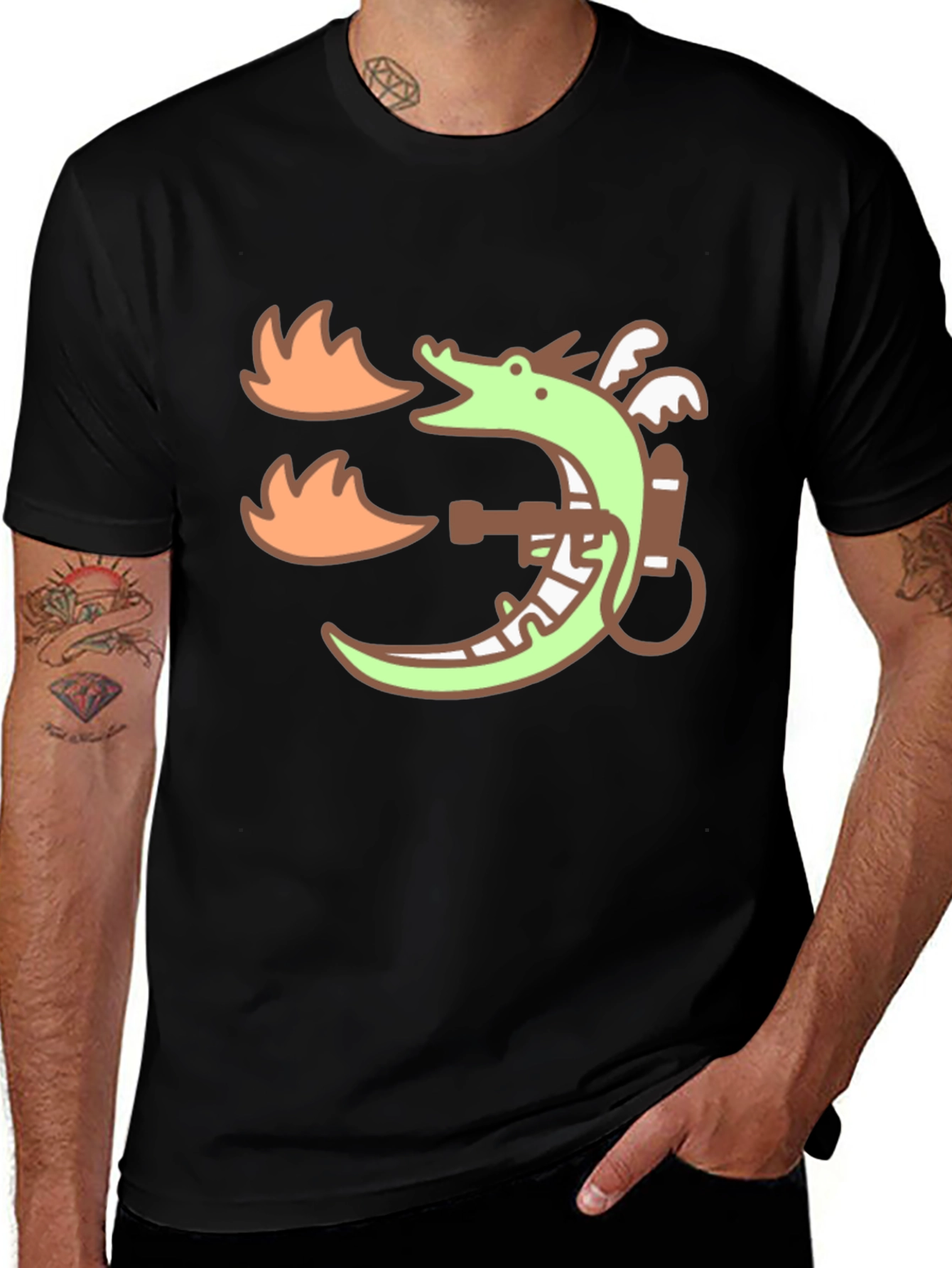 Variant 8 of Cartoon Dragon Flamethrower Graphic Black T-Shirt