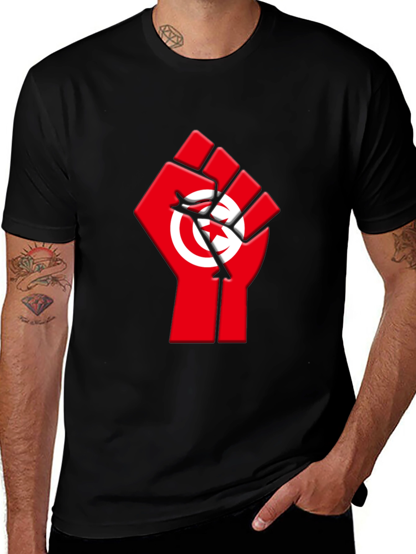 Tunisia Flag Fist Graphic Tee - Black Cotton T-Shirt